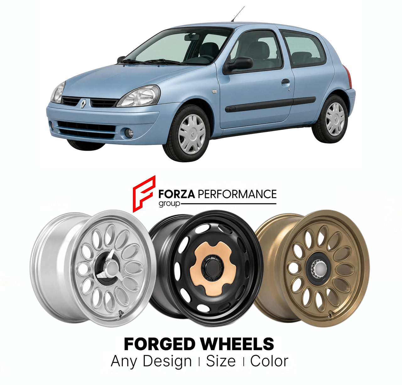 CUSTOM CLASSIC VINTAGE RESTOMOD RETRO OLD SCHOOL FORGED WHEELS RIMS for RENAULT CLIO II 1998 - 2005

Custom forged wheels for Renault Clio II 1998 - 2005. Classic, vintage, restomod wheel designs made to order in custom sizes, offsets, colors and finishes.

We manufacture premium quality forged wheels rims for Renault Clio II 1998 - 2005 in any design, size, color.

THIS WHEEL DESIGN CAN BE CUSTOM-MADE FOR YOUR CAR IN ANY SIZE AND COLOR OPTIONS
Available in monoblock, 2-piece, 3-piece, duoblock, beadlock
3D