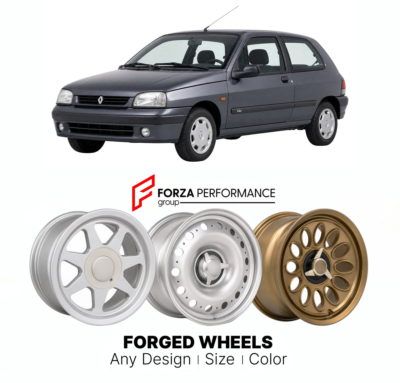 CUSTOM CLASSIC VINTAGE RESTOMOD RETRO OLD SCHOOL FORGED WHEELS RIMS for RENAULT CLIO I 1990 - 1998

Custom forged wheels for Renault Clio I 1990 - 1998. Classic, vintage, restomod wheel designs made to order in custom sizes, offsets, colors and finishes.

We manufacture premium quality forged wheels rims for Renault Clio I 1990 - 1998 in any design, size, color.

THIS WHEEL DESIGN CAN BE CUSTOM-MADE FOR YOUR CAR IN ANY SIZE AND COLOR OPTIONS
Available in monoblock, 2-piece, 3-piece, duoblock, beadlock
3D wh