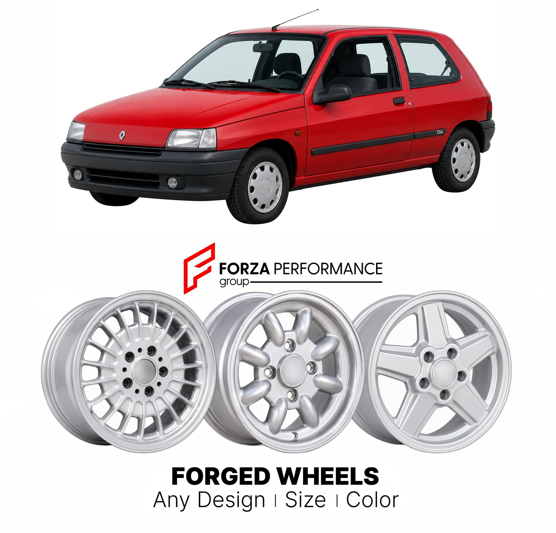 CUSTOM CLASSIC VINTAGE RESTOMOD RETRO OLD SCHOOL FORGED WHEELS RIMS for RENAULT CLIO MK 1 1990 - 1998

Custom forged wheels for Renault Clio MK 1 1990 - 1998. Classic, vintage, restomod wheel designs made to order in custom sizes, offsets, colors and finishes.

We manufacture premium quality forged wheels rims for Renault Clio MK 1 1990 - 1998 in any design, size, color.

THIS WHEEL DESIGN CAN BE CUSTOM-MADE FOR YOUR CAR IN ANY SIZE AND COLOR OPTIONS
Available in monoblock, 2-piece, 3-piece, duoblock, beadl