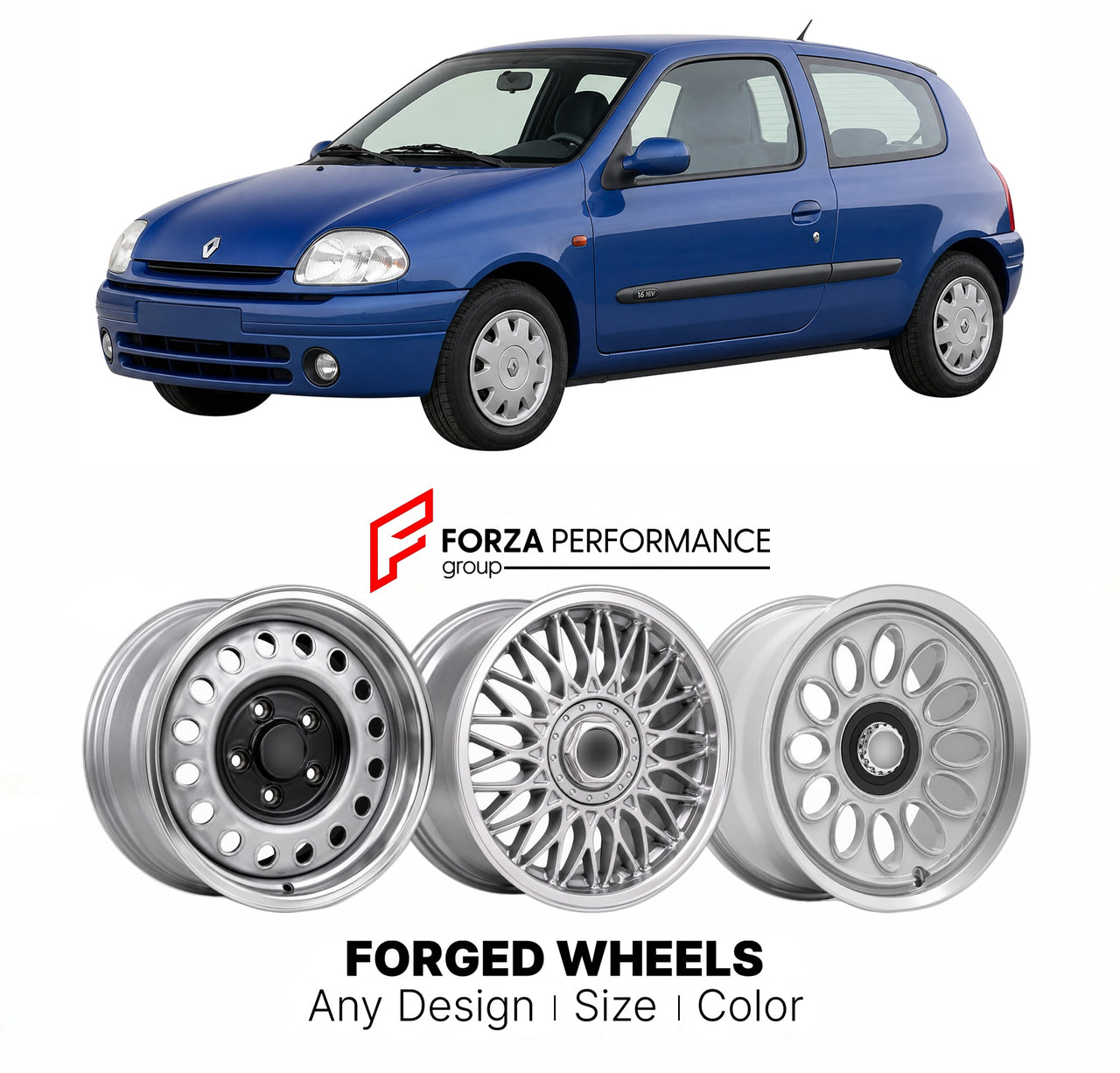 CUSTOM CLASSIC VINTAGE RESTOMOD RETRO OLD SCHOOL FORGED WHEELS RIMS for RENAULT CLIO MK 2 1998 - 2005

Custom forged wheels for Renault Clio MK 2 1998 - 2005. Classic, vintage, restomod wheel designs made to order in custom sizes, offsets, colors and finishes.

We manufacture premium quality forged wheels rims for Renault Clio MK 2 1998 - 2005 in any design, size, color.

THIS WHEEL DESIGN CAN BE CUSTOM-MADE FOR YOUR CAR IN ANY SIZE AND COLOR OPTIONS
Available in monoblock, 2-piece, 3-piece, duoblock, beadl