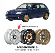 CUSTOM CLASSIC VINTAGE RESTOMOD RETRO OLD SCHOOL FORGED WHEELS RIMS for RENAULT CLIO WILLIAMS 1993 - 1995

Custom forged wheels for Renault Clio Williams 1993 - 1995. Classic, vintage, restomod wheel designs made to order in custom sizes, offsets, colors and finishes.

We manufacture premium quality forged wheels rims for Renault Clio Williams 1993 - 1995 in any design, size, color.

THIS WHEEL DESIGN CAN BE CUSTOM-MADE FOR YOUR CAR IN ANY SIZE AND COLOR OPTIONS
Available in monoblock, 2-piece, 3-piece, duo