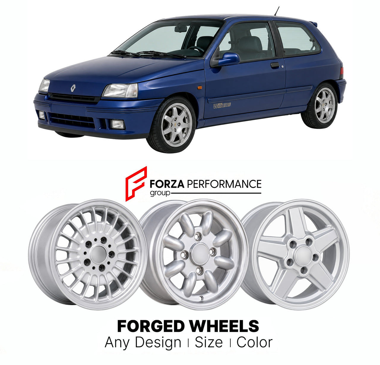 CUSTOM CLASSIC VINTAGE RESTOMOD RETRO OLD SCHOOL FORGED WHEELS RIMS for RENAULT CLIO WILLIAMS 1993 - 1996

Custom forged wheels for Renault Clio Williams 1993 - 1996. Classic, vintage, restomod wheel designs made to order in custom sizes, offsets, colors and finishes.

We manufacture premium quality forged wheels rims for Renault Clio Williams 1993 - 1996 in any design, size, color.

THIS WHEEL DESIGN CAN BE CUSTOM-MADE FOR YOUR CAR IN ANY SIZE AND COLOR OPTIONS
Available in monoblock, 2-piece, 3-piece, duo