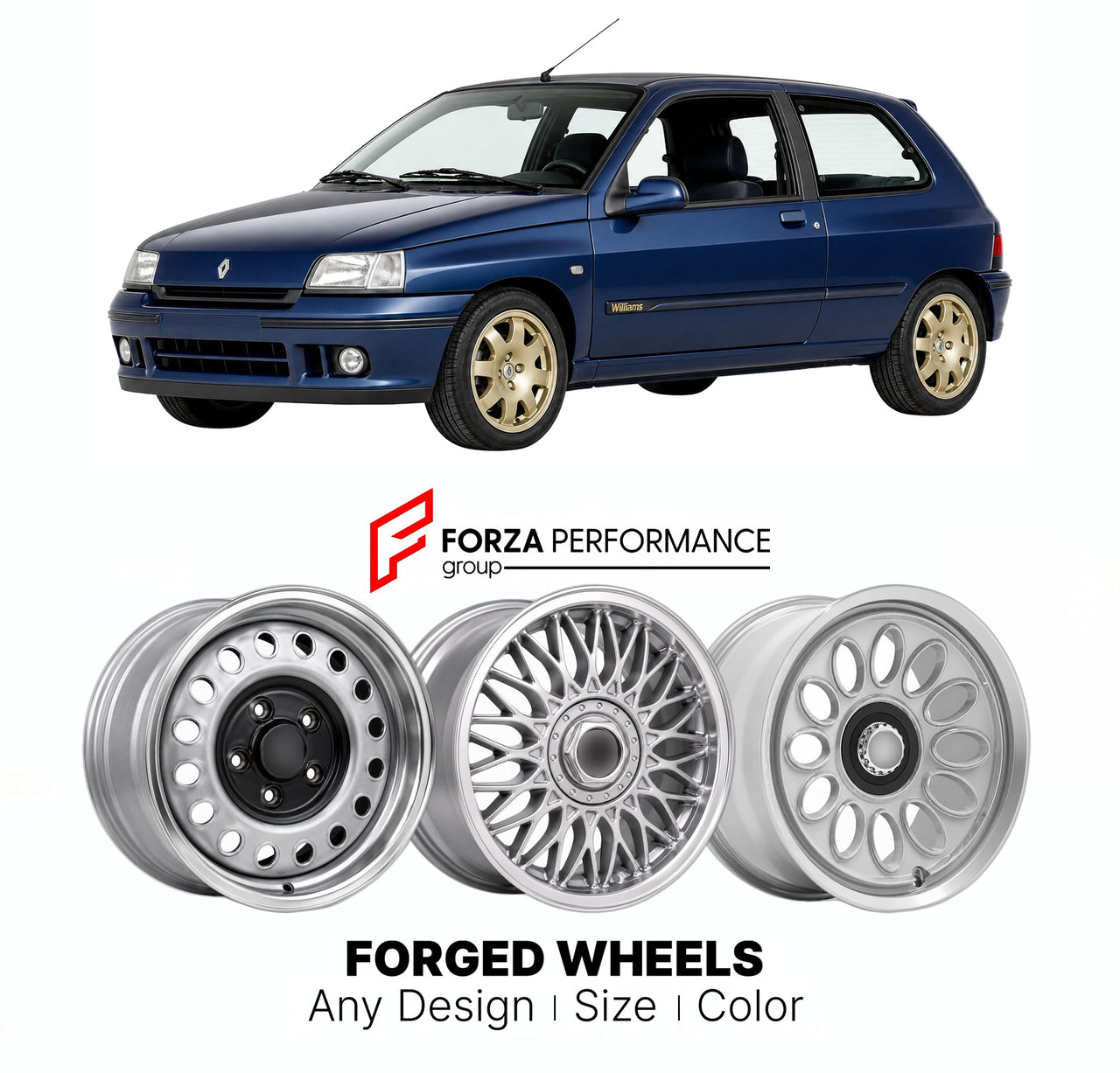 CUSTOM CLASSIC VINTAGE RESTOMOD RETRO OLD SCHOOL FORGED WHEELS RIMS for RENAULT CLIO WILLIAMS 1 2 3 1993 - 1996

Custom forged wheels for Renault Clio Williams 1 2 3 1993 - 1996. Classic, vintage, restomod wheel designs made to order in custom sizes, offsets, colors and finishes.

We manufacture premium quality forged wheels rims for Renault Clio Williams 1 2 3 1993 - 1996 in any design, size, color.

THIS WHEEL DESIGN CAN BE CUSTOM-MADE FOR YOUR CAR IN ANY SIZE AND COLOR OPTIONS
Available in monoblock, 2-p
