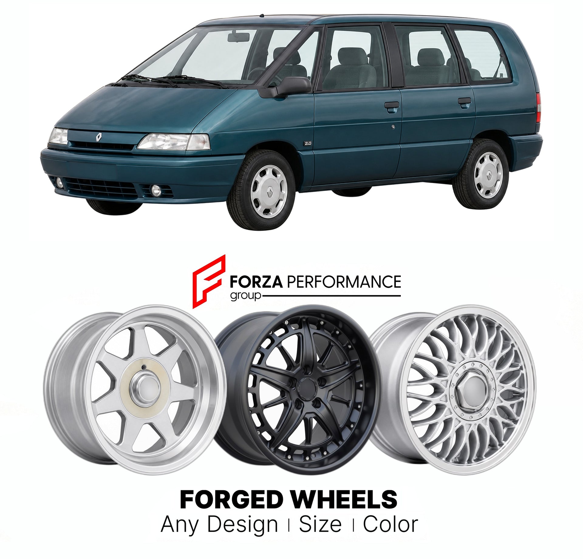 CUSTOM CLASSIC VINTAGE RESTOMOD RETRO OLD SCHOOL FORGED WHEELS RIMS for RENAULT ESPACE MK 3 1996 - 2002

Custom forged wheels for Renault Espace MK 3 1996 - 2002. Classic, vintage, restomod wheel designs made to order in custom sizes, offsets, colors and finishes.

We manufacture premium quality forged wheels rims for Renault Espace MK 3 1996 - 2002 in any design, size, color.

THIS WHEEL DESIGN CAN BE CUSTOM-MADE FOR YOUR CAR IN ANY SIZE AND COLOR OPTIONS
Available in monoblock, 2-piece, 3-piece, duoblock,