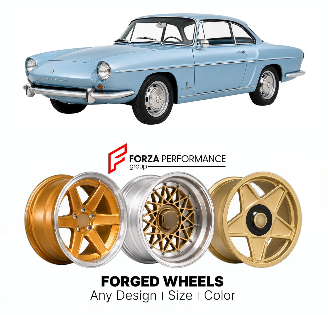 CUSTOM CLASSIC VINTAGE RESTOMOD RETRO OLD SCHOOL FORGED WHEELS RIMS for RENAULT FLORIDE CARAVELLE 1958 - 1968

Custom forged wheels for Renault Floride Caravelle 1958 - 1968. Classic, vintage, restomod wheel designs made to order in custom sizes, offsets, colors and finishes.

We manufacture premium quality forged wheels rims for Renault Floride Caravelle 1958 - 1968 in any design, size, color.

THIS WHEEL DESIGN CAN BE CUSTOM-MADE FOR YOUR CAR IN ANY SIZE AND COLOR OPTIONS
Available in monoblock, 2-piece, 