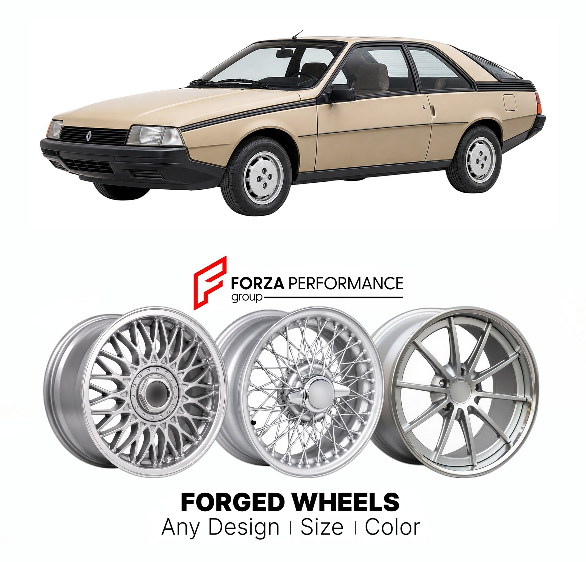 CUSTOM CLASSIC VINTAGE RESTOMOD RETRO OLD SCHOOL FORGED WHEELS RIMS for RENAULT FUEGO 1980 - 1986

Custom forged wheels for Renault Fuego 1980 - 1986. Classic, vintage, restomod wheel designs made to order in custom sizes, offsets, colors and finishes.

We manufacture premium quality forged wheels rims for Renault Fuego 1980 - 1986 in any design, size, color.

THIS WHEEL DESIGN CAN BE CUSTOM-MADE FOR YOUR CAR IN ANY SIZE AND COLOR OPTIONS
Available in monoblock, 2-piece, 3-piece, duoblock, beadlock
3D wheel