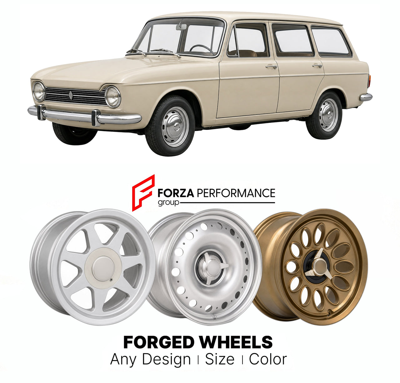 CUSTOM CLASSIC VINTAGE RESTOMOD RETRO OLD SCHOOL FORGED WHEELS RIMS for RENAULT LARGE MPV 16 1965 - 1980

Custom forged wheels for Renault Large MPV 16 1965 - 1980. Classic, vintage, restomod wheel designs made to order in custom sizes, offsets, colors and finishes.

We manufacture premium quality forged wheels rims for Renault Large MPV 16 1965 - 1980 in any design, size, color.

THIS WHEEL DESIGN CAN BE CUSTOM-MADE FOR YOUR CAR IN ANY SIZE AND COLOR OPTIONS
Available in monoblock, 2-piece, 3-piece, duoblo