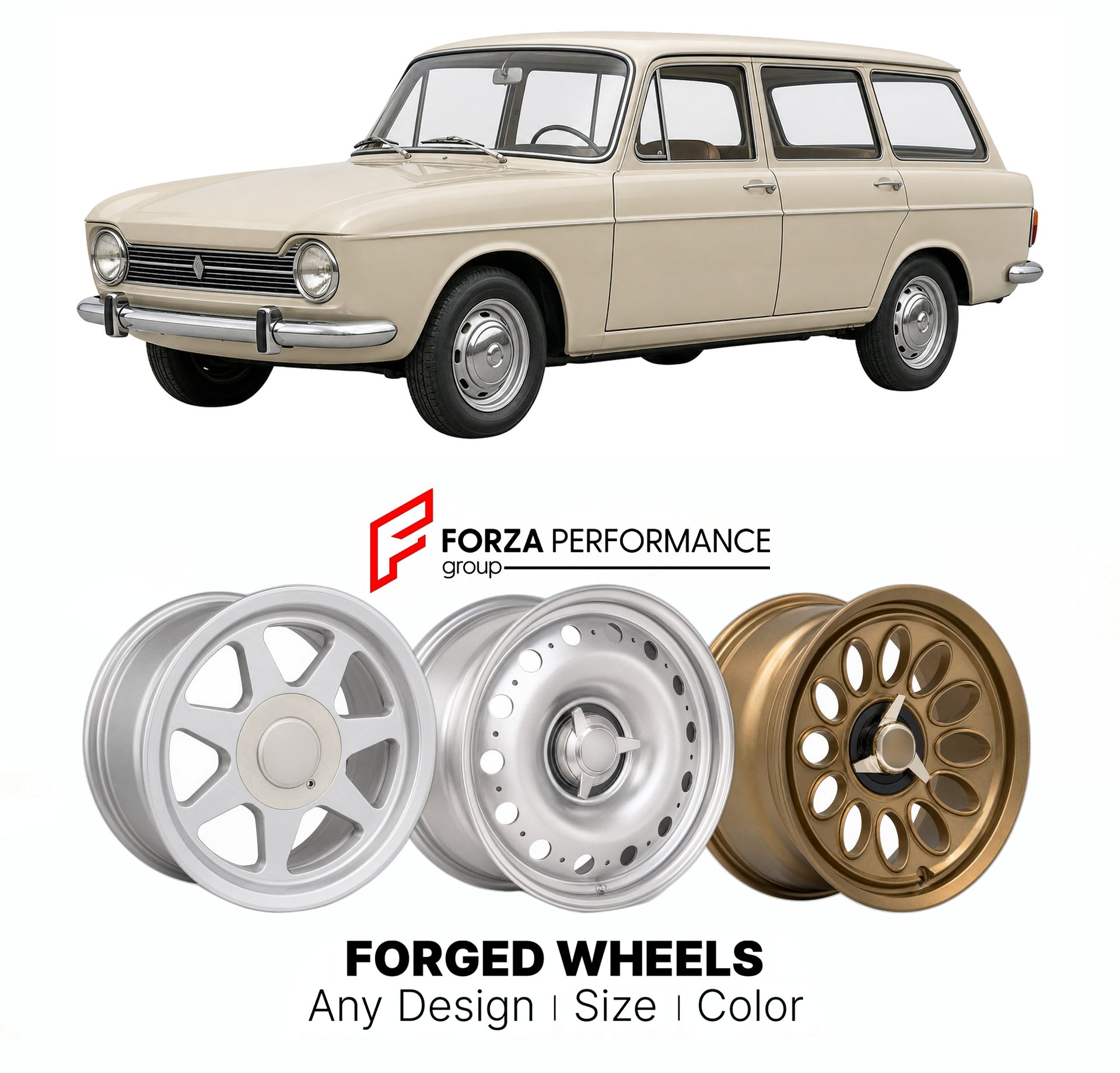 CUSTOM CLASSIC VINTAGE RESTOMOD RETRO OLD SCHOOL FORGED WHEELS RIMS for RENAULT LARGE MPV 16 1965 - 1980

Custom forged wheels for Renault Large MPV 16 1965 - 1980. Classic, vintage, restomod wheel designs made to order in custom sizes, offsets, colors and finishes.

We manufacture premium quality forged wheels rims for Renault Large MPV 16 1965 - 1980 in any design, size, color.

THIS WHEEL DESIGN CAN BE CUSTOM-MADE FOR YOUR CAR IN ANY SIZE AND COLOR OPTIONS
Available in monoblock, 2-piece, 3-piece, duoblo