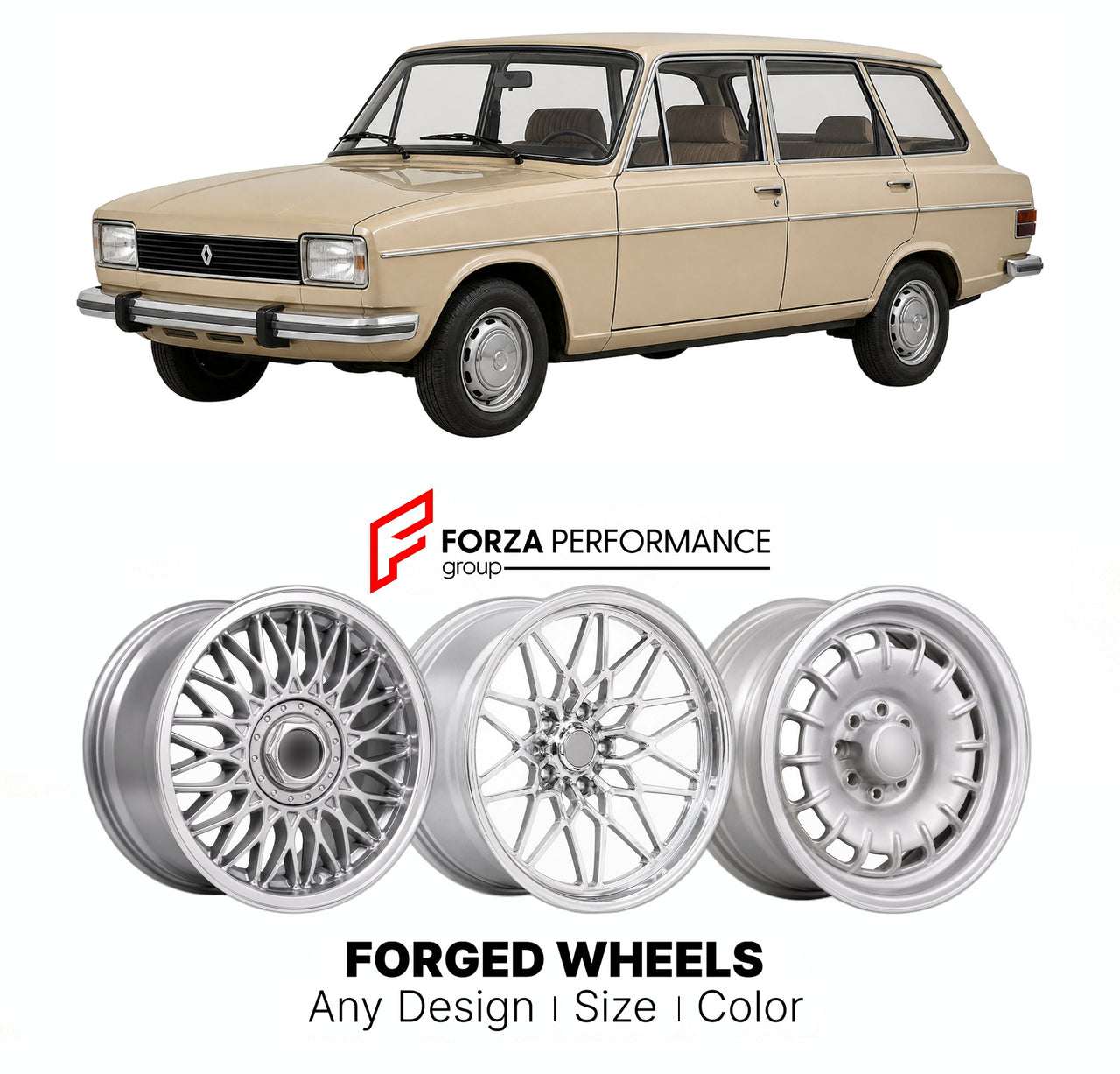 CUSTOM CLASSIC VINTAGE RESTOMOD RETRO OLD SCHOOL FORGED WHEELS RIMS for RENAULT LARGE MPV 18 1978 - 1989

Custom forged wheels for Renault Large MPV 18 1978 - 1989. Classic, vintage, restomod wheel designs made to order in custom sizes, offsets, colors and finishes.

We manufacture premium quality forged wheels rims for Renault Large MPV 18 1978 - 1989 in any design, size, color.

THIS WHEEL DESIGN CAN BE CUSTOM-MADE FOR YOUR CAR IN ANY SIZE AND COLOR OPTIONS
Available in monoblock, 2-piece, 3-piece, duoblo