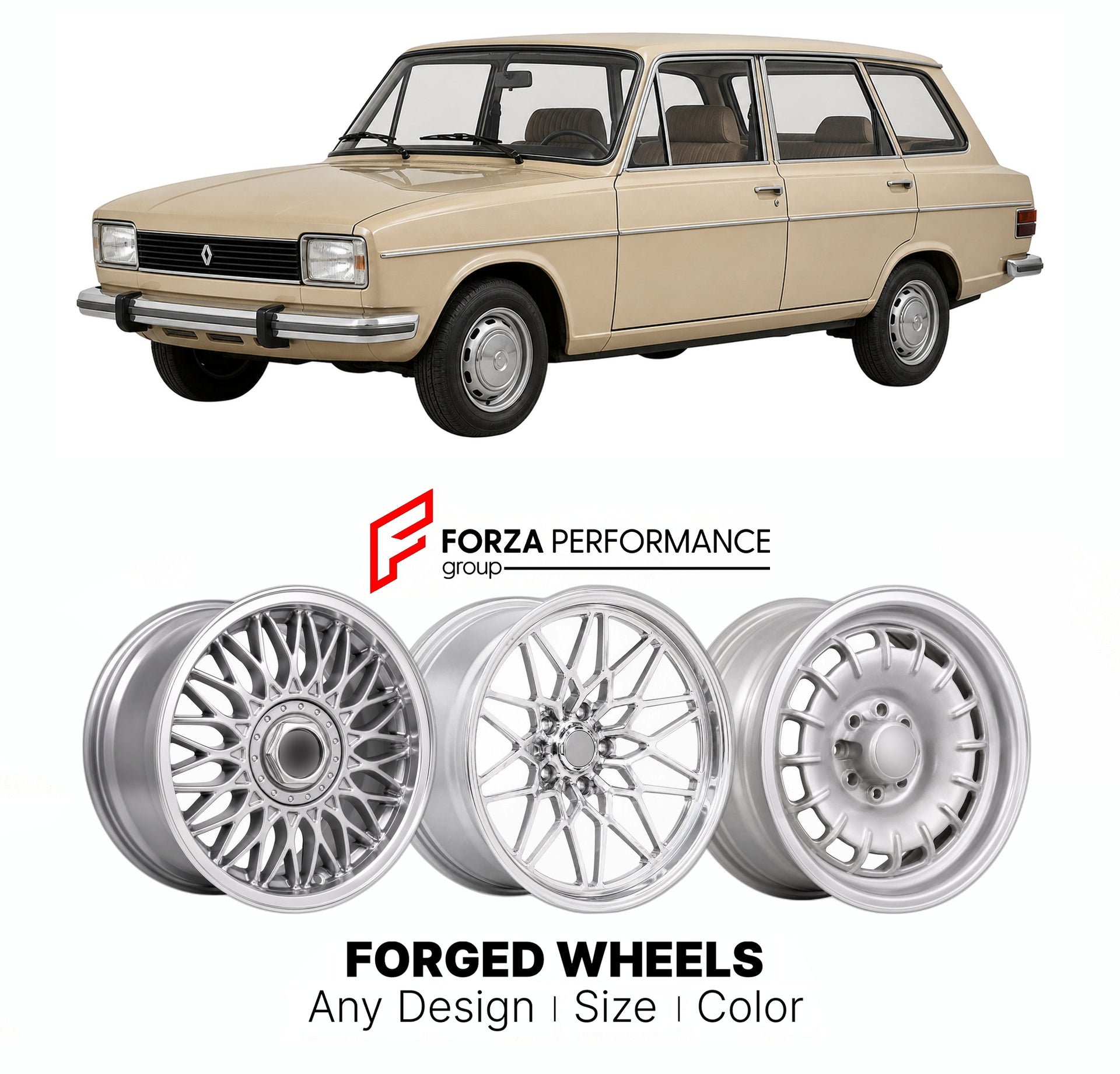 CUSTOM CLASSIC VINTAGE RESTOMOD RETRO OLD SCHOOL FORGED WHEELS RIMS for RENAULT LARGE MPV 18 1978 - 1989

Custom forged wheels for Renault Large MPV 18 1978 - 1989. Classic, vintage, restomod wheel designs made to order in custom sizes, offsets, colors and finishes.

We manufacture premium quality forged wheels rims for Renault Large MPV 18 1978 - 1989 in any design, size, color.

THIS WHEEL DESIGN CAN BE CUSTOM-MADE FOR YOUR CAR IN ANY SIZE AND COLOR OPTIONS
Available in monoblock, 2-piece, 3-piece, duoblo