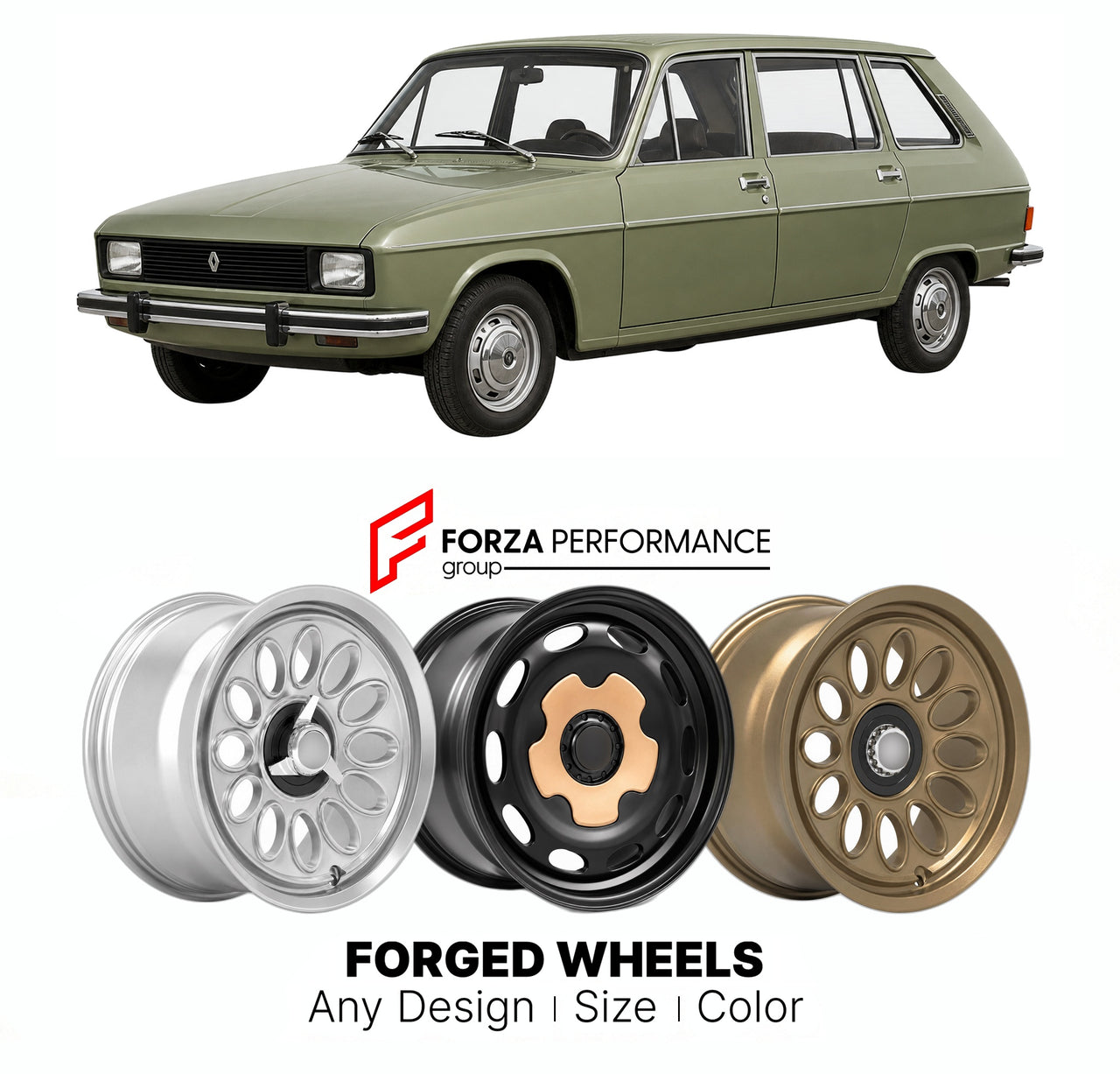 CUSTOM CLASSIC VINTAGE RESTOMOD RETRO OLD SCHOOL FORGED WHEELS RIMS for RENAULT LARGE MPV 20 1975 - 1984

Custom forged wheels for Renault Large MPV 20 1975 - 1984. Classic, vintage, restomod wheel designs made to order in custom sizes, offsets, colors and finishes.

We manufacture premium quality forged wheels rims for Renault Large MPV 20 1975 - 1984 in any design, size, color.

THIS WHEEL DESIGN CAN BE CUSTOM-MADE FOR YOUR CAR IN ANY SIZE AND COLOR OPTIONS
Available in monoblock, 2-piece, 3-piece, duoblo