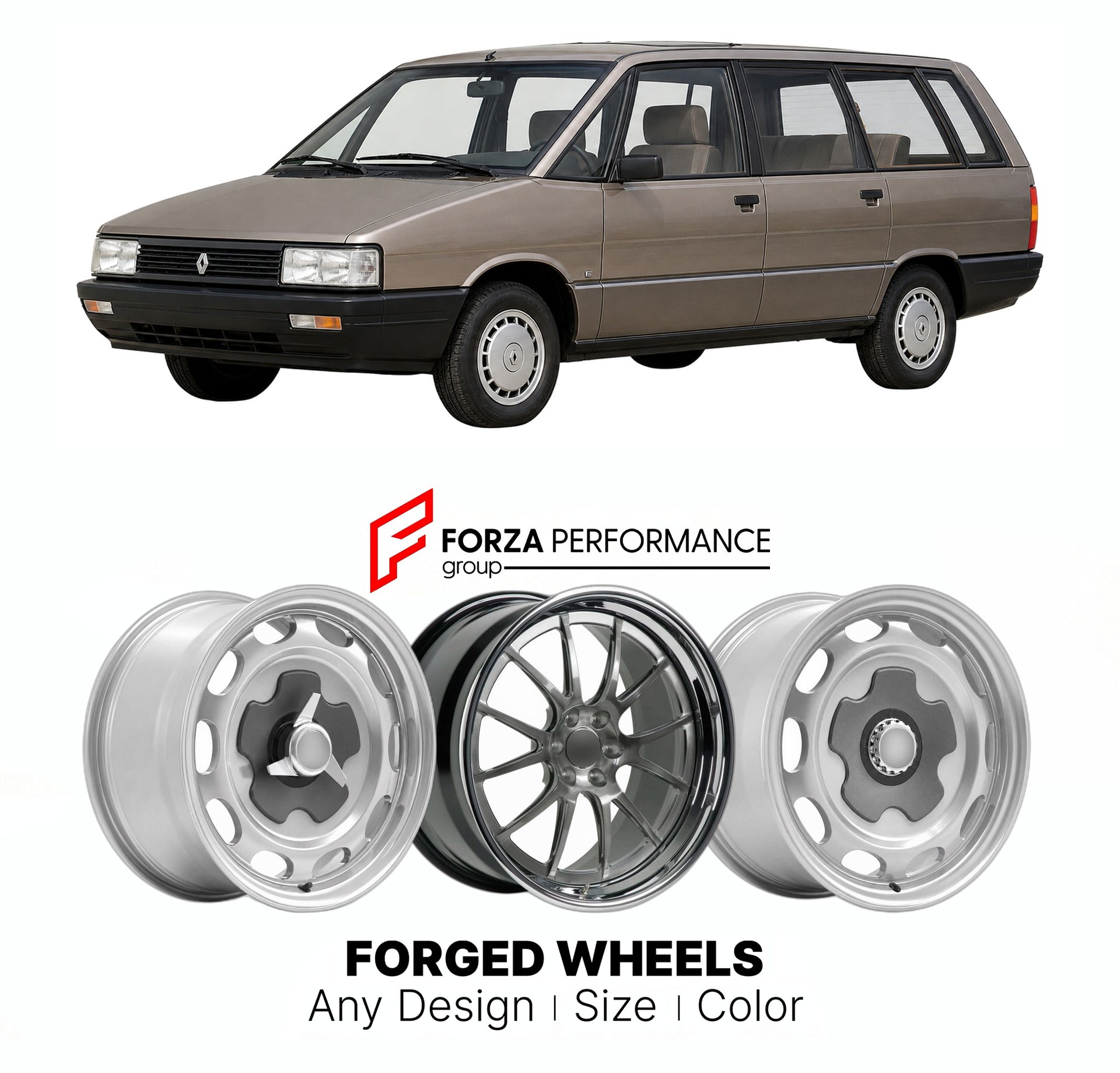 CUSTOM CLASSIC VINTAGE RESTOMOD RETRO OLD SCHOOL FORGED WHEELS RIMS for RENAULT LARGE MPV 21 1986 - 1995

Custom forged wheels for Renault Large MPV 21 1986 - 1995. Classic, vintage, restomod wheel designs made to order in custom sizes, offsets, colors and finishes.

We manufacture premium quality forged wheels rims for Renault Large MPV 21 1986 - 1995 in any design, size, color.

THIS WHEEL DESIGN CAN BE CUSTOM-MADE FOR YOUR CAR IN ANY SIZE AND COLOR OPTIONS
Available in monoblock, 2-piece, 3-piece, duoblo