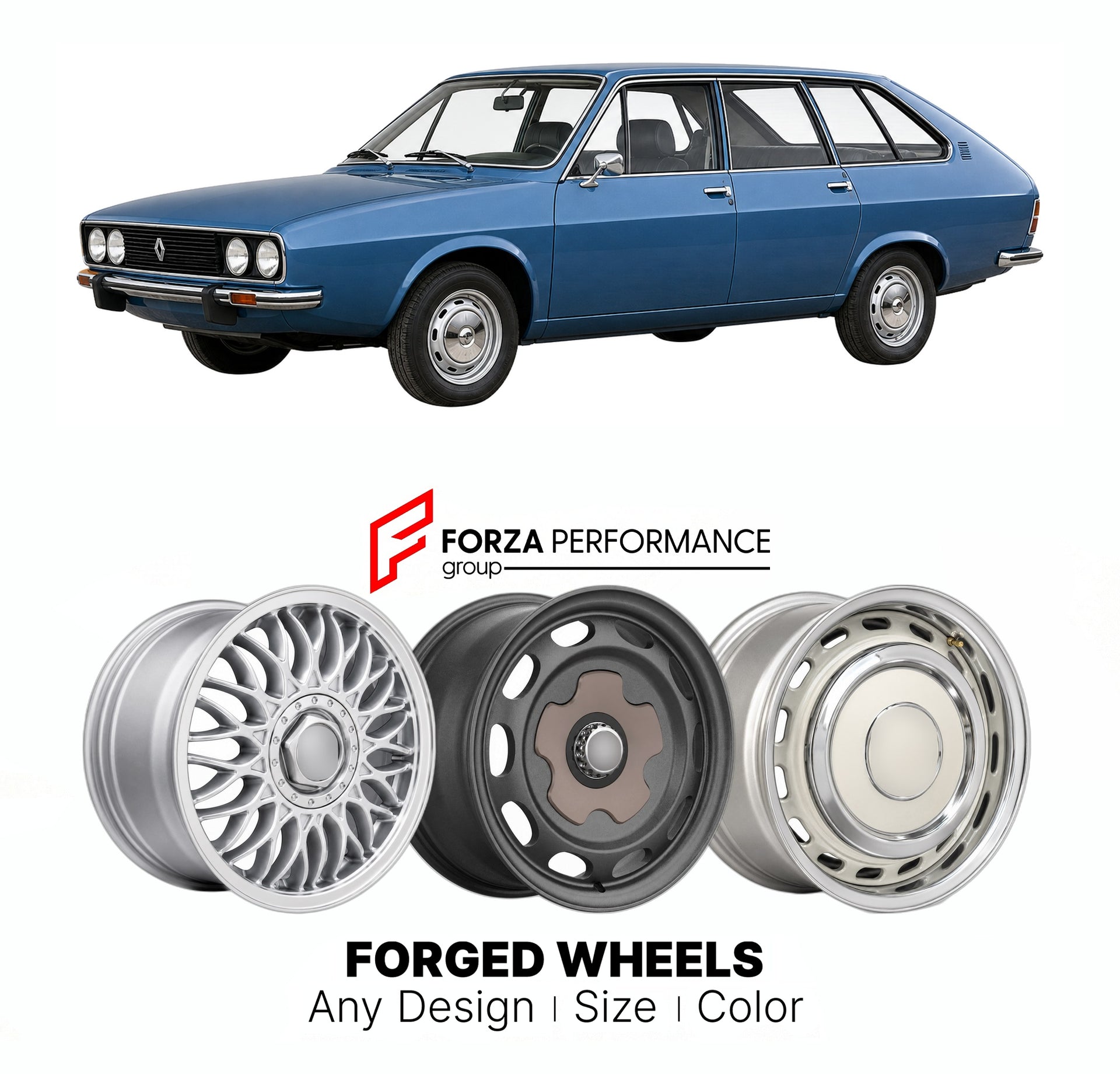CUSTOM CLASSIC VINTAGE RESTOMOD RETRO OLD SCHOOL FORGED WHEELS RIMS for RENAULT LARGE MPV 30 1975 - 1984

Custom forged wheels for Renault Large MPV 30 1975 - 1984. Classic, vintage, restomod wheel designs made to order in custom sizes, offsets, colors and finishes.

We manufacture premium quality forged wheels rims for Renault Large MPV 30 1975 - 1984 in any design, size, color.

THIS WHEEL DESIGN CAN BE CUSTOM-MADE FOR YOUR CAR IN ANY SIZE AND COLOR OPTIONS
Available in monoblock, 2-piece, 3-piece, duoblo