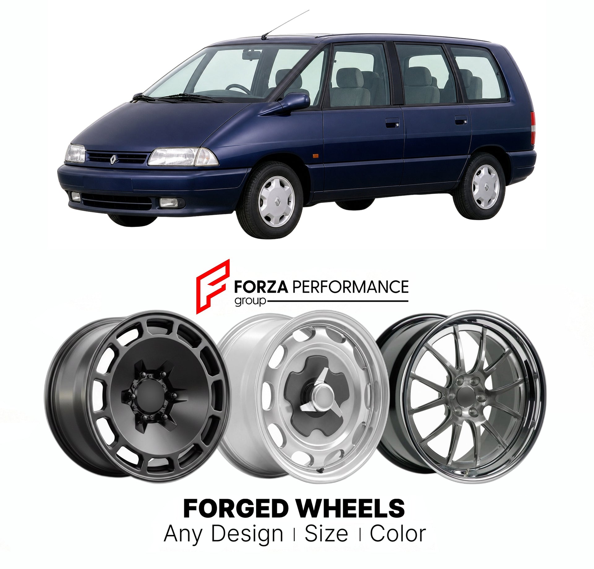 CUSTOM CLASSIC VINTAGE RESTOMOD RETRO OLD SCHOOL FORGED WHEELS RIMS for RENAULT LARGE MPV ESPACE III 1996 - 2002

Custom forged wheels for Renault Large MPV Espace III 1996 - 2002. Classic, vintage, restomod wheel designs made to order in custom sizes, offsets, colors and finishes.

We manufacture premium quality forged wheels rims for Renault Large MPV Espace III 1996 - 2002 in any design, size, color.

THIS WHEEL DESIGN CAN BE CUSTOM-MADE FOR YOUR CAR IN ANY SIZE AND COLOR OPTIONS
Available in monoblock, 