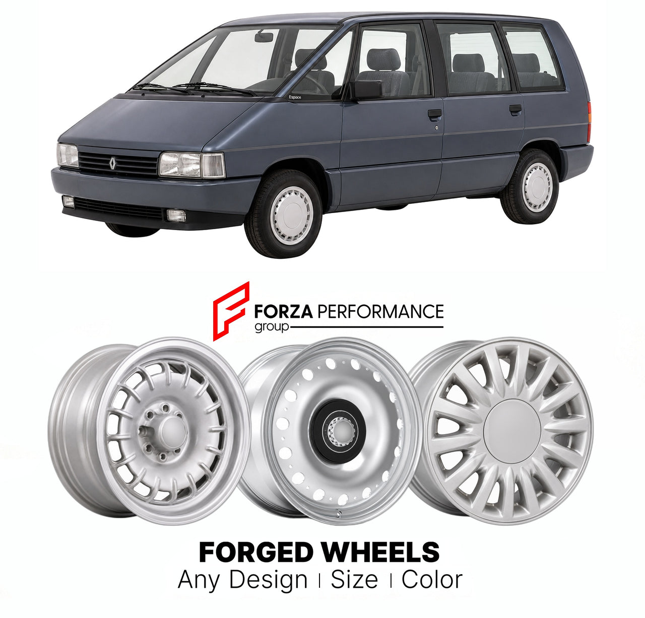 CUSTOM CLASSIC VINTAGE RESTOMOD RETRO OLD SCHOOL FORGED WHEELS RIMS for RENAULT LARGE MPV ESPACE II 1991 - 1996

Custom forged wheels for Renault Large MPV Espace II 1991 - 1996. Classic, vintage, restomod wheel designs made to order in custom sizes, offsets, colors and finishes.

We manufacture premium quality forged wheels rims for Renault Large MPV Espace II 1991 - 1996 in any design, size, color.

THIS WHEEL DESIGN CAN BE CUSTOM-MADE FOR YOUR CAR IN ANY SIZE AND COLOR OPTIONS
Available in monoblock, 2-p