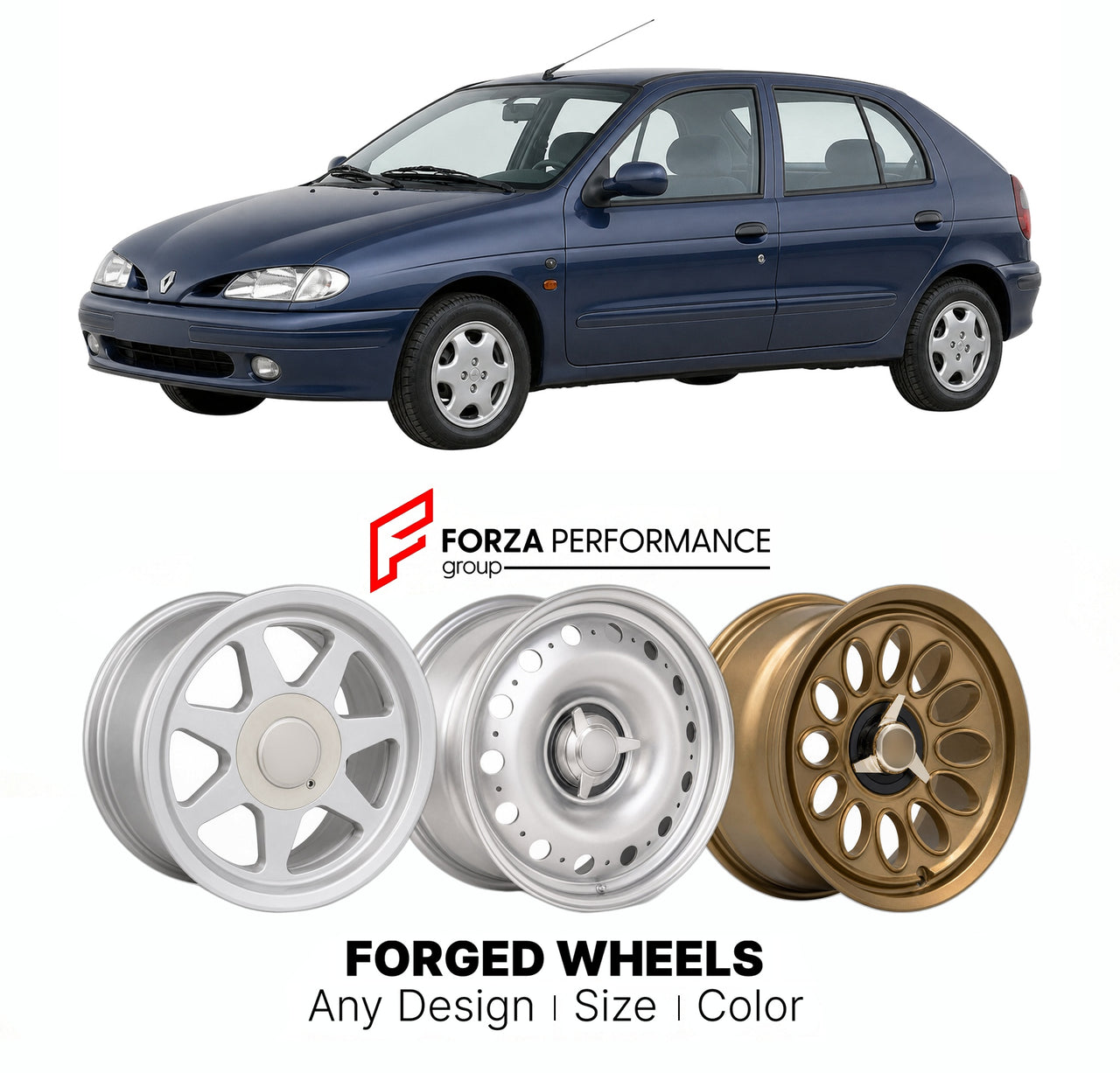 CUSTOM CLASSIC VINTAGE RESTOMOD RETRO OLD SCHOOL FORGED WHEELS RIMS for RENAULT MEGANE MK 1 1995 - 2002

Custom forged wheels for Renault Megane MK 1 1995 - 2002. Classic, vintage, restomod wheel designs made to order in custom sizes, offsets, colors and finishes.

We manufacture premium quality forged wheels rims for Renault Megane MK 1 1995 - 2002 in any design, size, color.

THIS WHEEL DESIGN CAN BE CUSTOM-MADE FOR YOUR CAR IN ANY SIZE AND COLOR OPTIONS
Available in monoblock, 2-piece, 3-piece, duoblock,
