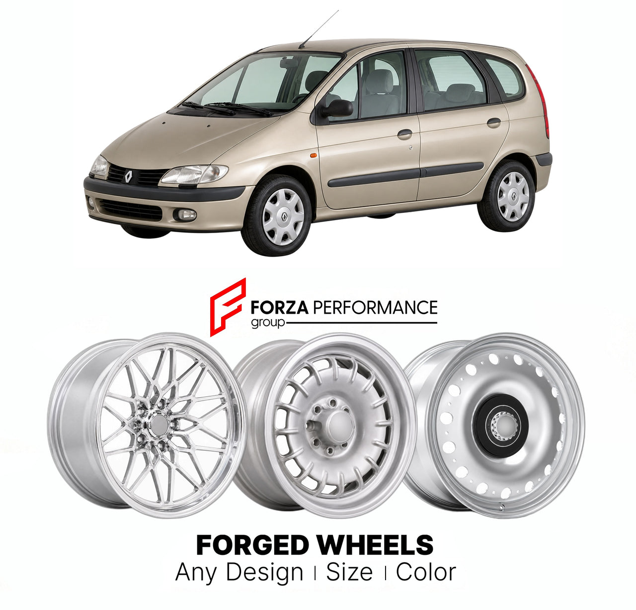 CUSTOM CLASSIC VINTAGE RESTOMOD RETRO OLD SCHOOL FORGED WHEELS RIMS for RENAULT SCENIC I 1996 - 2003

Custom forged wheels for Renault Scenic I 1996 - 2003. Classic, vintage, restomod wheel designs made to order in custom sizes, offsets, colors and finishes.

We manufacture premium quality forged wheels rims for Renault Scenic I 1996 - 2003 in any design, size, color.

THIS WHEEL DESIGN CAN BE CUSTOM-MADE FOR YOUR CAR IN ANY SIZE AND COLOR OPTIONS
Available in monoblock, 2-piece, 3-piece, duoblock, beadlock