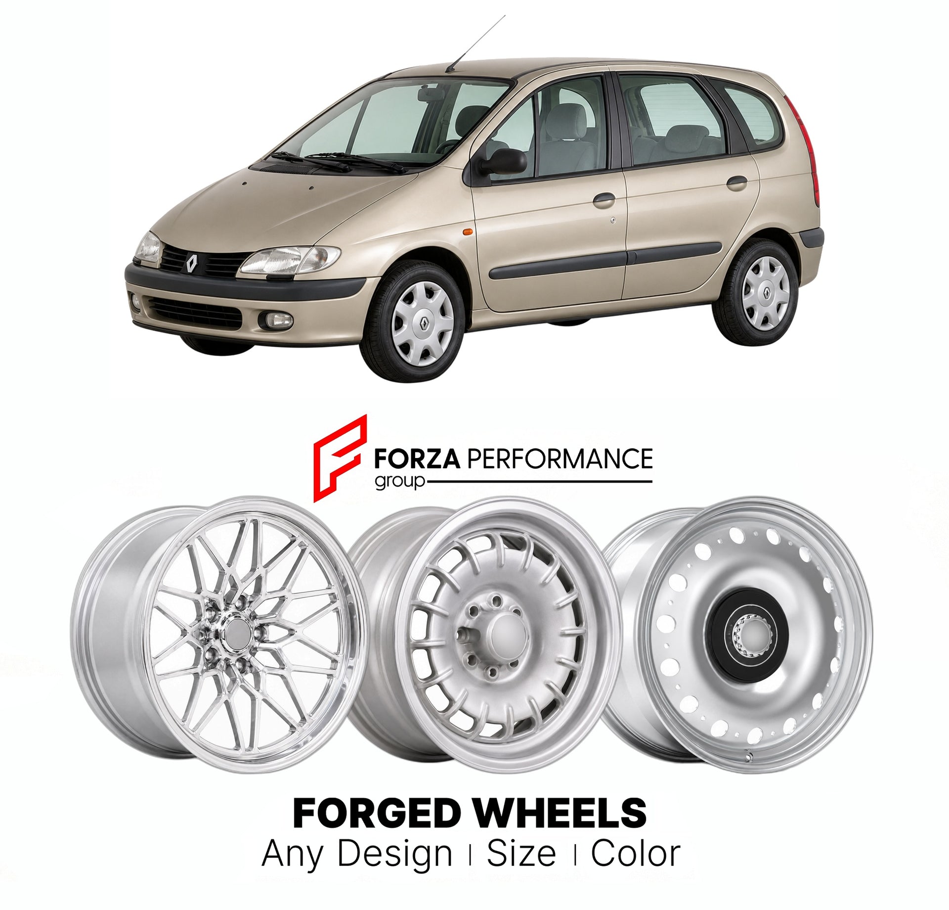 CUSTOM CLASSIC VINTAGE RESTOMOD RETRO OLD SCHOOL FORGED WHEELS RIMS for RENAULT SCENIC I 1996 - 2003

Custom forged wheels for Renault Scenic I 1996 - 2003. Classic, vintage, restomod wheel designs made to order in custom sizes, offsets, colors and finishes.

We manufacture premium quality forged wheels rims for Renault Scenic I 1996 - 2003 in any design, size, color.

THIS WHEEL DESIGN CAN BE CUSTOM-MADE FOR YOUR CAR IN ANY SIZE AND COLOR OPTIONS
Available in monoblock, 2-piece, 3-piece, duoblock, beadlock