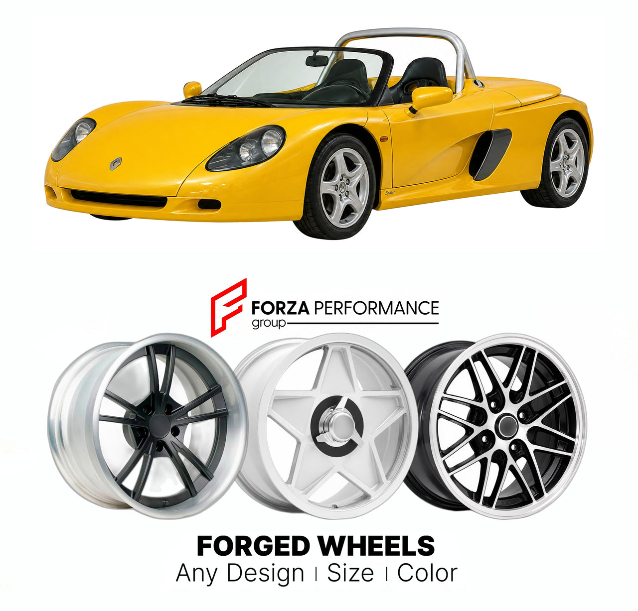 CUSTOM CLASSIC VINTAGE RESTOMOD RETRO OLD SCHOOL FORGED WHEELS RIMS for RENAULT SPORT SPIDER 1996 - 1999

Custom forged wheels for Renault Sport Spider 1996 - 1999. Classic, vintage, restomod wheel designs made to order in custom sizes, offsets, colors and finishes.

We manufacture premium quality forged wheels rims for Renault Sport Spider 1996 - 1999 in any design, size, color.

THIS WHEEL DESIGN CAN BE CUSTOM-MADE FOR YOUR CAR IN ANY SIZE AND COLOR OPTIONS
Available in monoblock, 2-piece, 3-piece, duoblo