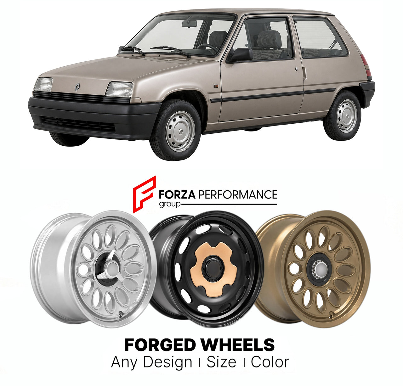 CUSTOM CLASSIC VINTAGE RESTOMOD RETRO OLD SCHOOL FORGED WHEELS RIMS for RENAULT SUPER 5 1984 - 1996

Custom forged wheels for Renault Super 5 1984 - 1996. Classic, vintage, restomod wheel designs made to order in custom sizes, offsets, colors and finishes.

We manufacture premium quality forged wheels rims for Renault Super 5 1984 - 1996 in any design, size, color.

THIS WHEEL DESIGN CAN BE CUSTOM-MADE FOR YOUR CAR IN ANY SIZE AND COLOR OPTIONS
Available in monoblock, 2-piece, 3-piece, duoblock, beadlock
3D