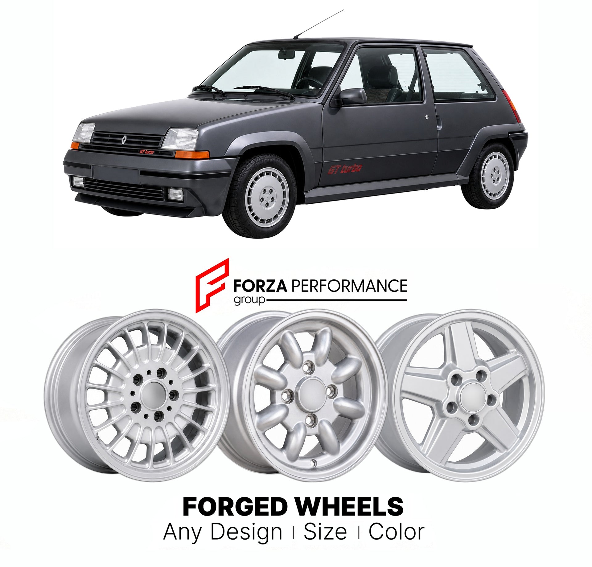 CUSTOM CLASSIC VINTAGE RESTOMOD RETRO OLD SCHOOL FORGED WHEELS RIMS for RENAULT SUPER 5 GT TURBO 1985 - 1991

Custom forged wheels for Renault Super 5 GT Turbo 1985 - 1991. Classic, vintage, restomod wheel designs made to order in custom sizes, offsets, colors and finishes.

We manufacture premium quality forged wheels rims for Renault Super 5 GT Turbo 1985 - 1991 in any design, size, color.

THIS WHEEL DESIGN CAN BE CUSTOM-MADE FOR YOUR CAR IN ANY SIZE AND COLOR OPTIONS
Available in monoblock, 2-piece, 3-p