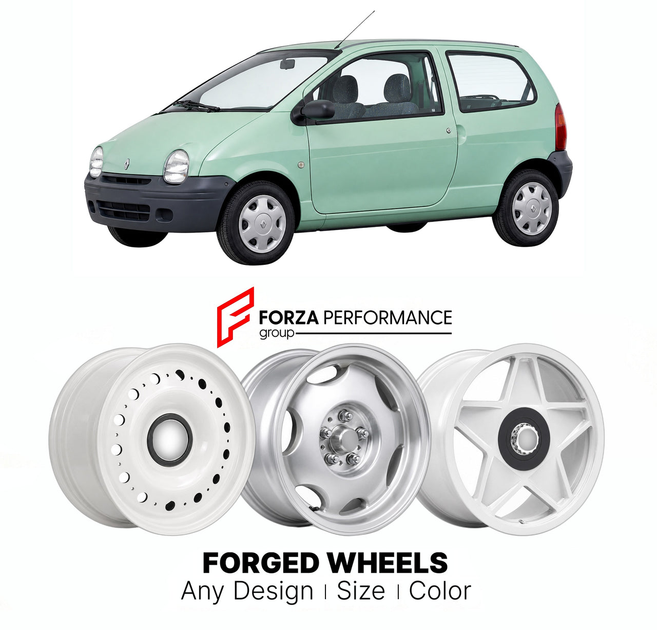 CUSTOM CLASSIC VINTAGE RESTOMOD RETRO OLD SCHOOL FORGED WHEELS RIMS for RENAULT TWINGO I 1992 - 2007

Custom forged wheels for Renault Twingo I 1992 - 2007. Classic, vintage, restomod wheel designs made to order in custom sizes, offsets, colors and finishes.

We manufacture premium quality forged wheels rims for Renault Twingo I 1992 - 2007 in any design, size, color.

THIS WHEEL DESIGN CAN BE CUSTOM-MADE FOR YOUR CAR IN ANY SIZE AND COLOR OPTIONS
Available in monoblock, 2-piece, 3-piece, duoblock, beadlock