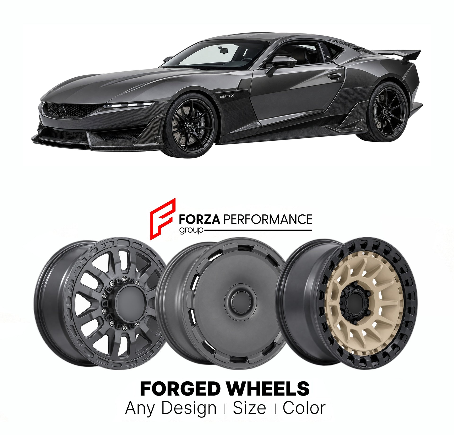 FORGED WHEELS RIMS for REZVANI BEAST X 2015+

Custom forged wheels for Rezvani Beast X 2015+. Made-to-order monoblock, 2-piece and 3-piece rims in custom sizes, offsets, colors and finishes with guaranteed fitment.

We manufacture premium quality forged wheels rims for Rezvani Beast X 2015+ in any design, size, color.

THIS WHEEL DESIGN CAN BE CUSTOM-MADE FOR YOUR CAR IN ANY SIZE AND COLOR OPTIONS
Available in monoblock, 2-piece, 3-piece, duoblock, beadlock
3D wheel renderings are provided according to the 