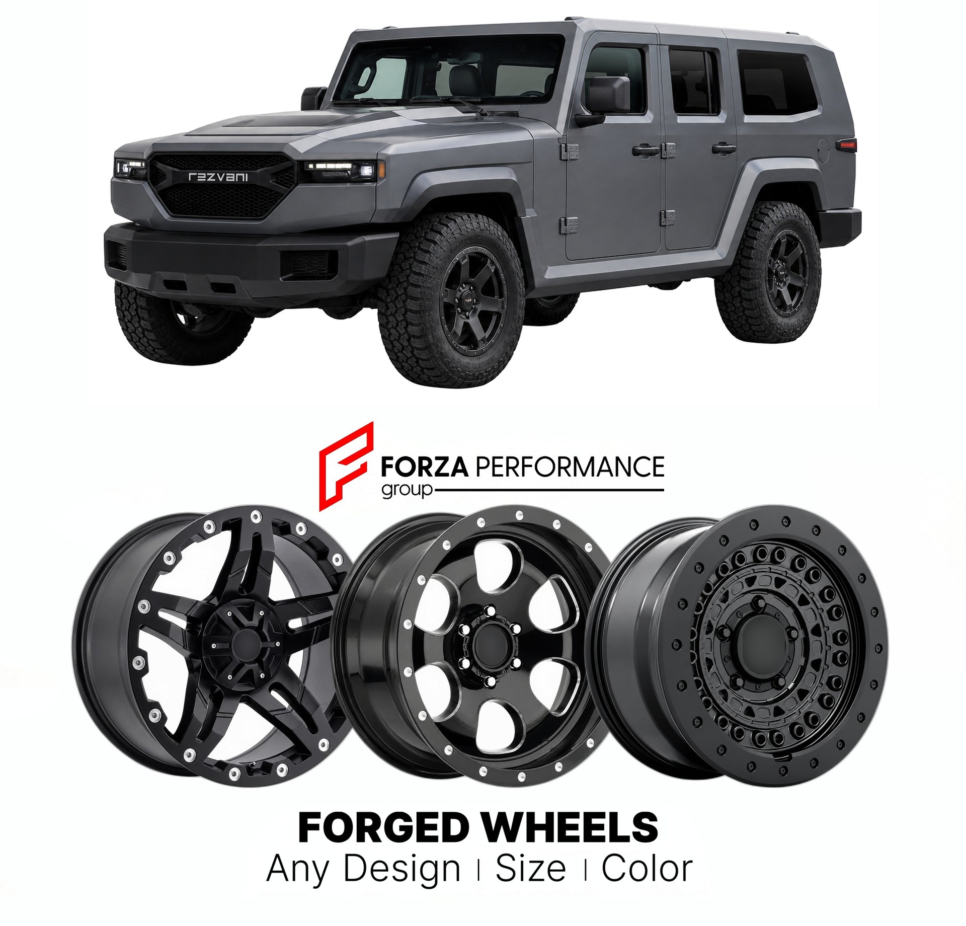 FORGED WHEELS RIMS for REZVANI TANK 2017+

Custom forged wheels for Rezvani Tank 2017+. Made-to-order monoblock, 2-piece and 3-piece rims in custom sizes, offsets, colors and finishes with guaranteed fitment.

We manufacture premium quality forged wheels rims for Rezvani Tank 2017+ in any design, size, color.

THIS WHEEL DESIGN CAN BE CUSTOM-MADE FOR YOUR CAR IN ANY SIZE AND COLOR OPTIONS
Available in monoblock, 2-piece, 3-piece, duoblock, beadlock
3D wheel renderings are provided according to the exact dim