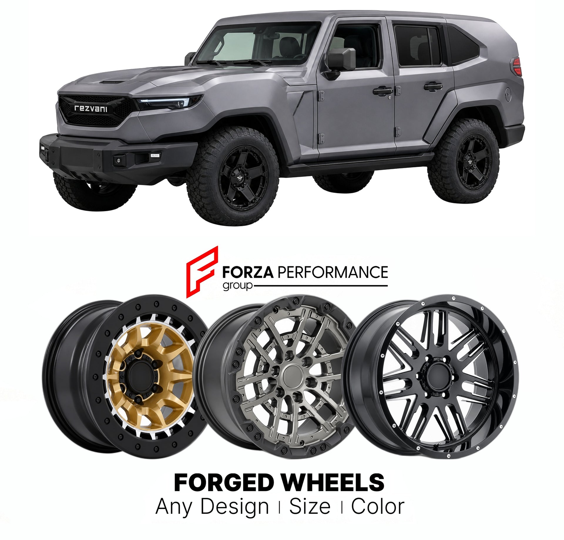 FORGED WHEELS RIMS for REZVANI TANK X 2017+

Custom forged wheels for Rezvani Tank X 2017+. Made-to-order monoblock, 2-piece and 3-piece rims in custom sizes, offsets, colors and finishes with guaranteed fitment.

We manufacture premium quality forged wheels rims for Rezvani Tank X 2017+ in any design, size, color.

THIS WHEEL DESIGN CAN BE CUSTOM-MADE FOR YOUR CAR IN ANY SIZE AND COLOR OPTIONS
Available in monoblock, 2-piece, 3-piece, duoblock, beadlock
3D wheel renderings are provided according to the exa