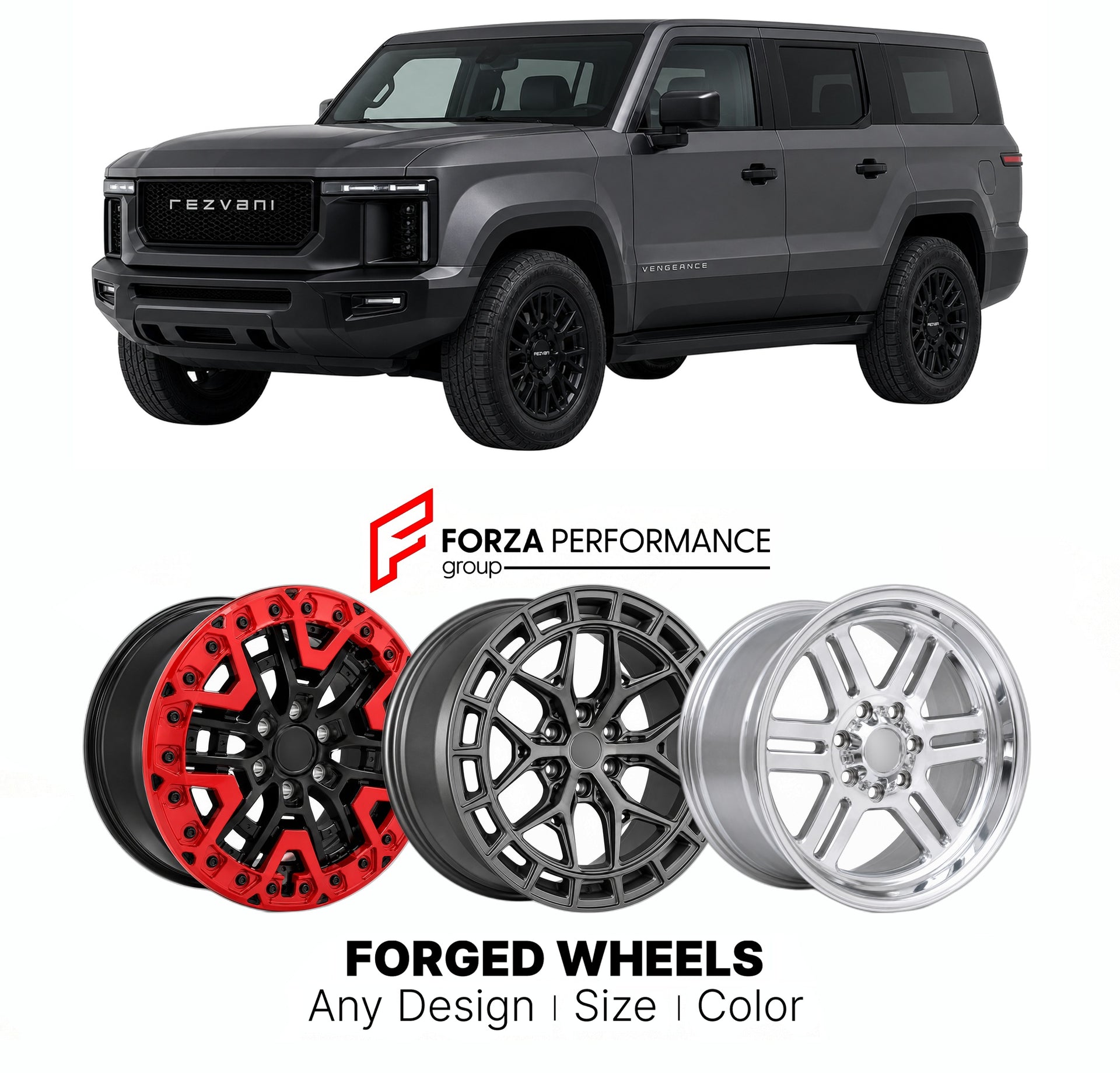 FORGED WHEELS RIMS for REZVANI VENGEANCE 2022+

Custom forged wheels for Rezvani Vengeance 2022+. Made-to-order monoblock, 2-piece and 3-piece rims in custom sizes, offsets, colors and finishes with guaranteed fitment.

We manufacture premium quality forged wheels rims for Rezvani Vengeance 2022+ in any design, size, color.

THIS WHEEL DESIGN CAN BE CUSTOM-MADE FOR YOUR CAR IN ANY SIZE AND COLOR OPTIONS
Available in monoblock, 2-piece, 3-piece, duoblock, beadlock
3D wheel renderings are provided according t