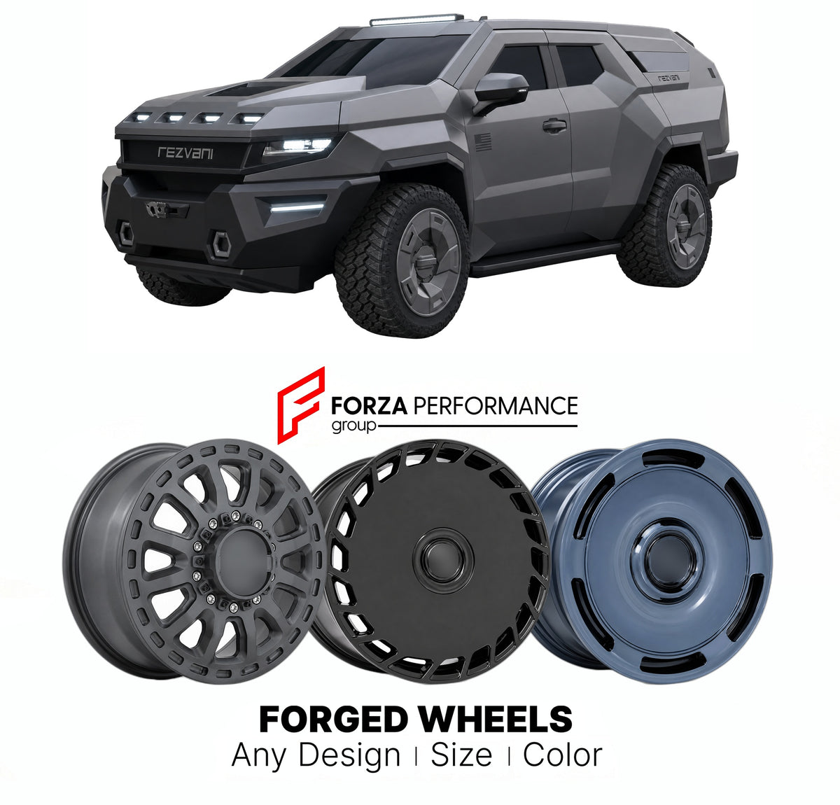 FORGED WHEELS RIMS for REZVANI VENGEANCE 2023+

Custom forged wheels for Rezvani Vengeance 2023+. Made-to-order monoblock, 2-piece and 3-piece rims in custom sizes, offsets, colors and finishes with guaranteed fitment.

We manufacture premium quality forged wheels rims for Rezvani Vengeance 2023+ in any design, size, color.

THIS WHEEL DESIGN CAN BE CUSTOM-MADE FOR YOUR CAR IN ANY SIZE AND COLOR OPTIONS
Available in monoblock, 2-piece, 3-piece, duoblock, beadlock
3D wheel renderings are provided according t