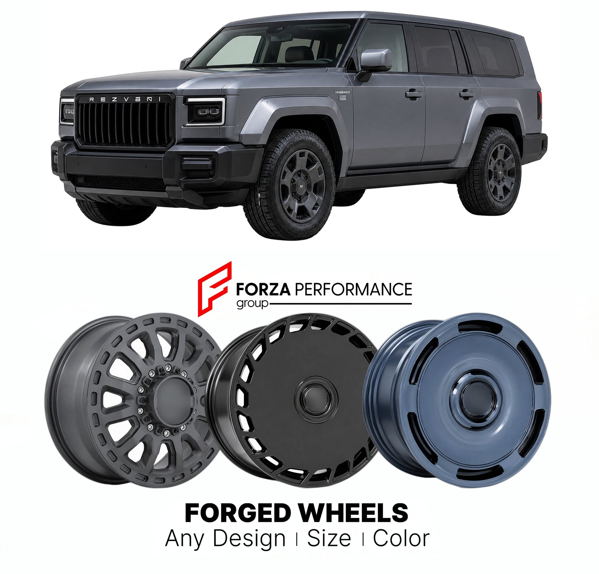 FORGED WHEELS RIMS for REZVANI VENGEANCE 2023+

Custom forged wheels for Rezvani Vengeance 2023+. Made-to-order monoblock, 2-piece and 3-piece rims in custom sizes, offsets, colors and finishes with guaranteed fitment.

We manufacture premium quality forged wheels rims for Rezvani Vengeance 2023+ in any design, size, color.

THIS WHEEL DESIGN CAN BE CUSTOM-MADE FOR YOUR CAR IN ANY SIZE AND COLOR OPTIONS
Available in monoblock, 2-piece, 3-piece, duoblock, beadlock
3D wheel renderings are provided according t