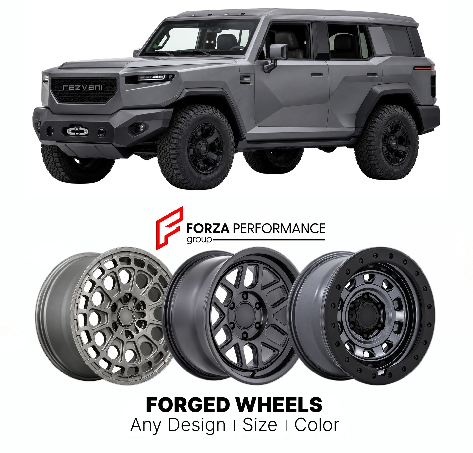 FORGED WHEELS RIMS for REZVANI VENGEANCE BASE 2022+

Custom forged wheels for Rezvani Vengeance Base 2022+. Made-to-order monoblock, 2-piece and 3-piece rims in custom sizes, offsets, colors and finishes with guaranteed fitment.

We manufacture premium quality forged wheels rims for Rezvani Vengeance Base 2022+ in any design, size, color.

THIS WHEEL DESIGN CAN BE CUSTOM-MADE FOR YOUR CAR IN ANY SIZE AND COLOR OPTIONS
Available in monoblock, 2-piece, 3-piece, duoblock, beadlock
3D wheel renderings are provi
