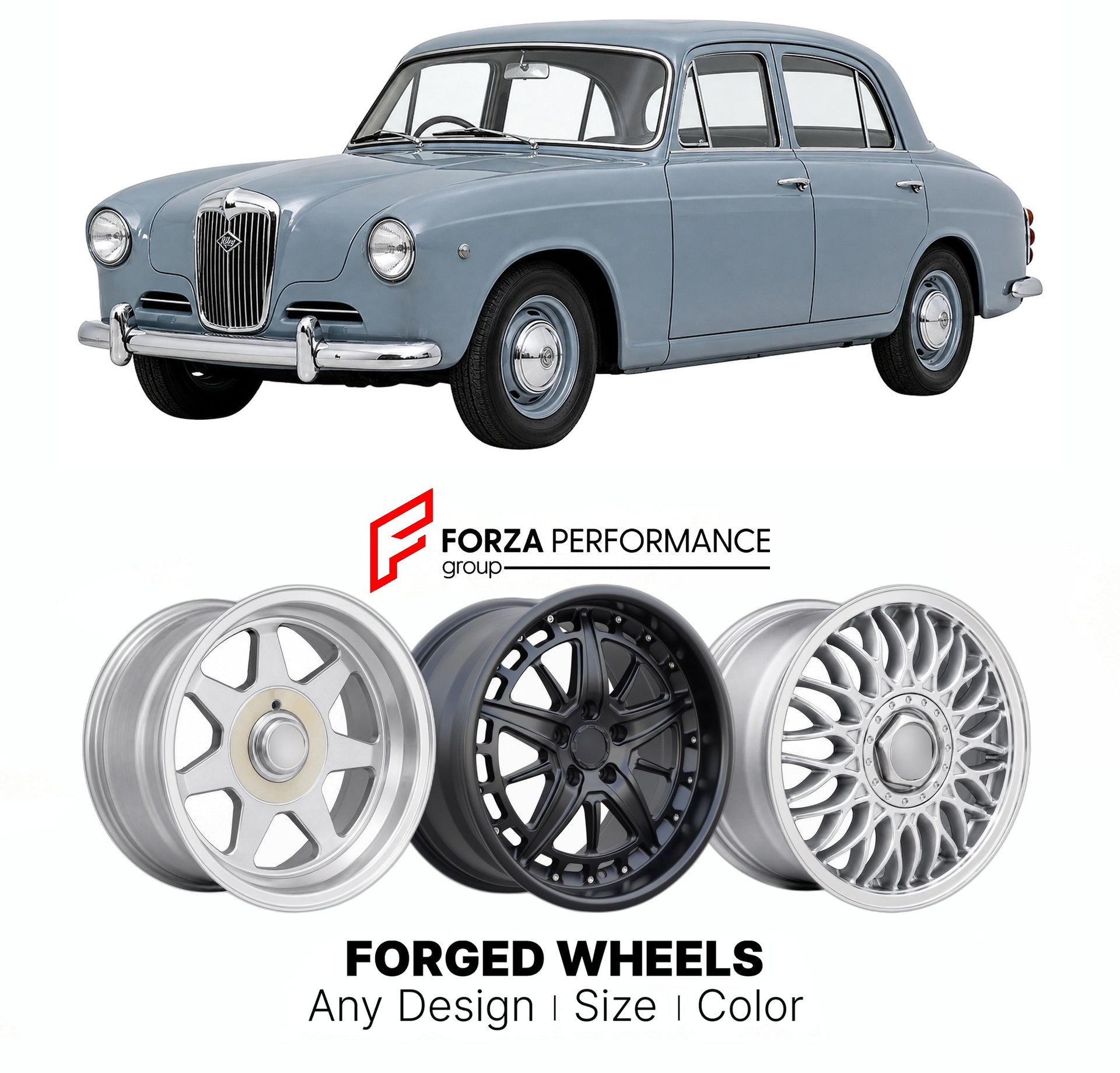 CUSTOM CLASSIC VINTAGE RESTOMOD RETRO OLD SCHOOL FORGED WHEELS RIMS for RILEY 4 72 1961 - 1969

Custom forged wheels for Riley 4 72 1961 - 1969. Classic, vintage, restomod wheel designs made to order in custom sizes, offsets, colors and finishes.

We manufacture premium quality forged wheels rims for Riley 4 72 1961 - 1969 in any design, size, color.

THIS WHEEL DESIGN CAN BE CUSTOM-MADE FOR YOUR CAR IN ANY SIZE AND COLOR OPTIONS
Available in monoblock, 2-piece, 3-piece, duoblock, beadlock
3D wheel renderin