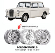 CUSTOM CLASSIC VINTAGE RESTOMOD RETRO OLD SCHOOL FORGED WHEELS RIMS for RILEY ELF 1961 - 1969

Custom forged wheels for Riley Elf 1961 - 1969. Classic, vintage, restomod wheel designs made to order in custom sizes, offsets, colors and finishes.

We manufacture premium quality forged wheels rims for Riley Elf 1961 - 1969 in any design, size, color.

THIS WHEEL DESIGN CAN BE CUSTOM-MADE FOR YOUR CAR IN ANY SIZE AND COLOR OPTIONS
Available in monoblock, 2-piece, 3-piece, duoblock, beadlock
3D wheel renderings 