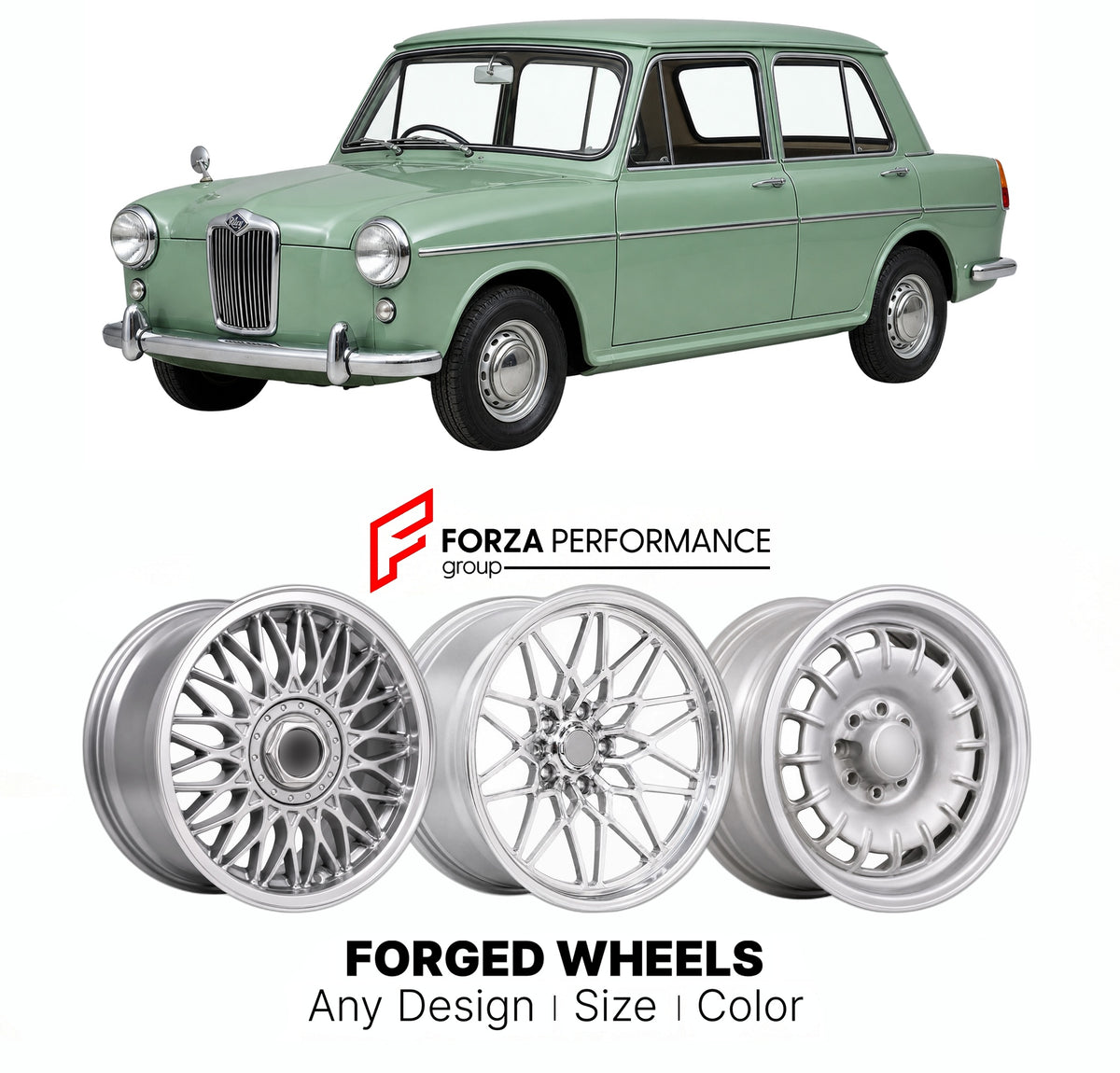 CUSTOM CLASSIC VINTAGE RESTOMOD RETRO OLD SCHOOL FORGED WHEELS RIMS for RILEY ELF ADO15 1961 - 1969

Custom forged wheels for Riley Elf ADO15 1961 - 1969. Classic, vintage, restomod wheel designs made to order in custom sizes, offsets, colors and finishes.

We manufacture premium quality forged wheels rims for Riley Elf ADO15 1961 - 1969 in any design, size, color.

THIS WHEEL DESIGN CAN BE CUSTOM-MADE FOR YOUR CAR IN ANY SIZE AND COLOR OPTIONS
Available in monoblock, 2-piece, 3-piece, duoblock, beadlock
3D