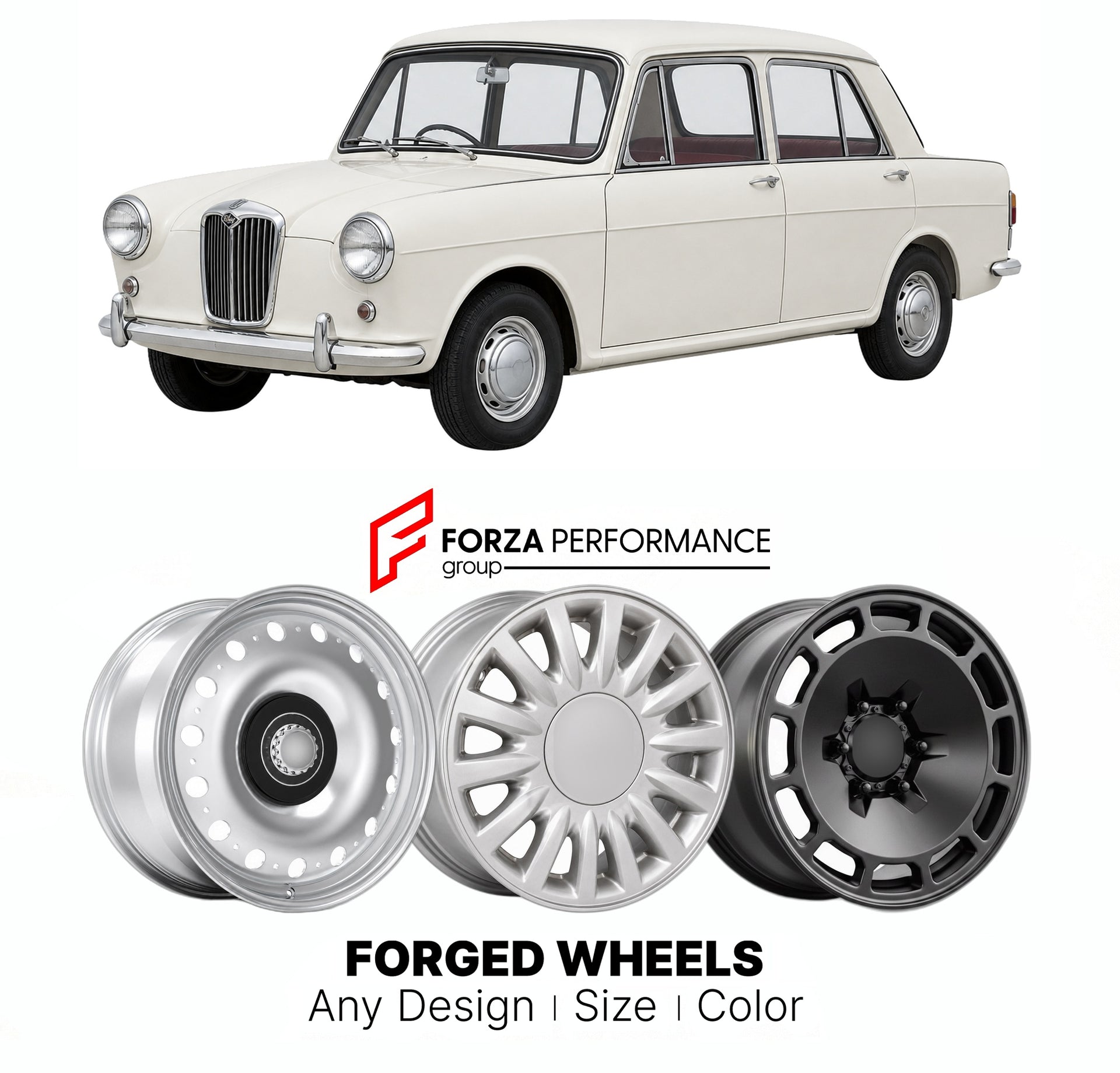 CUSTOM CLASSIC VINTAGE RESTOMOD RETRO OLD SCHOOL FORGED WHEELS RIMS for RILEY ELF ADO15 1961 - 1969

Custom forged wheels for Riley Elf ADO15 1961 - 1969. Classic, vintage, restomod wheel designs made to order in custom sizes, offsets, colors and finishes.

We manufacture premium quality forged wheels rims for Riley Elf ADO15 1961 - 1969 in any design, size, color.

THIS WHEEL DESIGN CAN BE CUSTOM-MADE FOR YOUR CAR IN ANY SIZE AND COLOR OPTIONS
Available in monoblock, 2-piece, 3-piece, duoblock, beadlock
3D