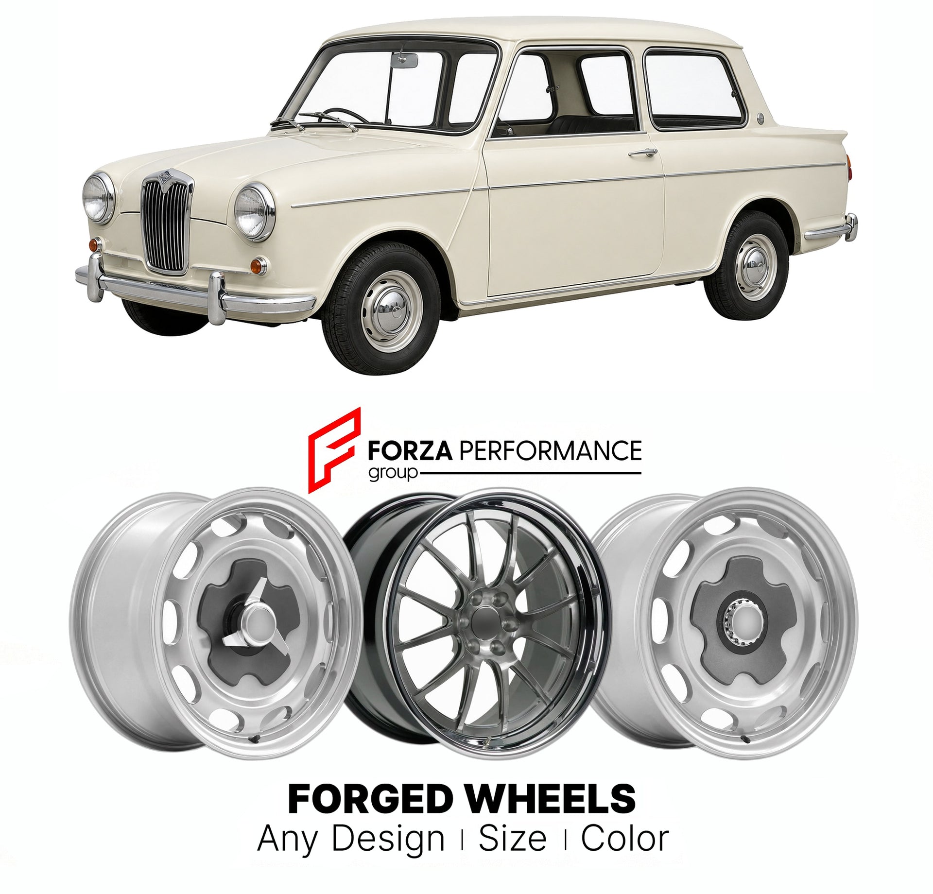 CUSTOM CLASSIC VINTAGE RESTOMOD RETRO OLD SCHOOL FORGED WHEELS RIMS for RILEY ELF MK III 1966 - 1969

Custom forged wheels for Riley Elf MK III 1966 - 1969. Classic, vintage, restomod wheel designs made to order in custom sizes, offsets, colors and finishes.

We manufacture premium quality forged wheels rims for Riley Elf MK III 1966 - 1969 in any design, size, color.

THIS WHEEL DESIGN CAN BE CUSTOM-MADE FOR YOUR CAR IN ANY SIZE AND COLOR OPTIONS
Available in monoblock, 2-piece, 3-piece, duoblock, beadlock