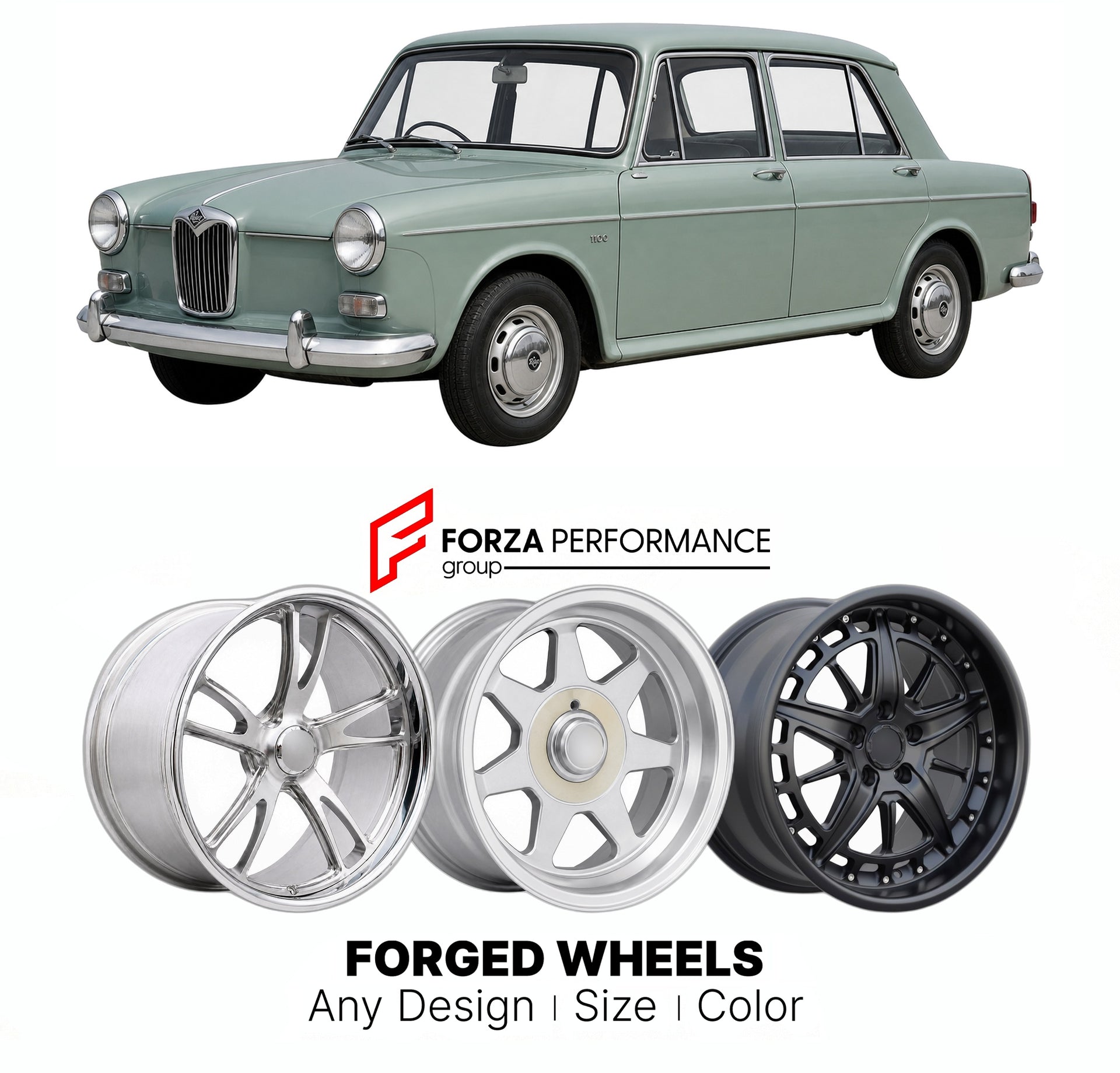 CUSTOM CLASSIC VINTAGE RESTOMOD RETRO OLD SCHOOL FORGED WHEELS RIMS for RILEY KESTREL 1100 1300 1965 - 1969

Custom forged wheels for Riley Kestrel 1100 1300 1965 - 1969. Classic, vintage, restomod wheel designs made to order in custom sizes, offsets, colors and finishes.

We manufacture premium quality forged wheels rims for Riley Kestrel 1100 1300 1965 - 1969 in any design, size, color.

THIS WHEEL DESIGN CAN BE CUSTOM-MADE FOR YOUR CAR IN ANY SIZE AND COLOR OPTIONS
Available in monoblock, 2-piece, 3-piec