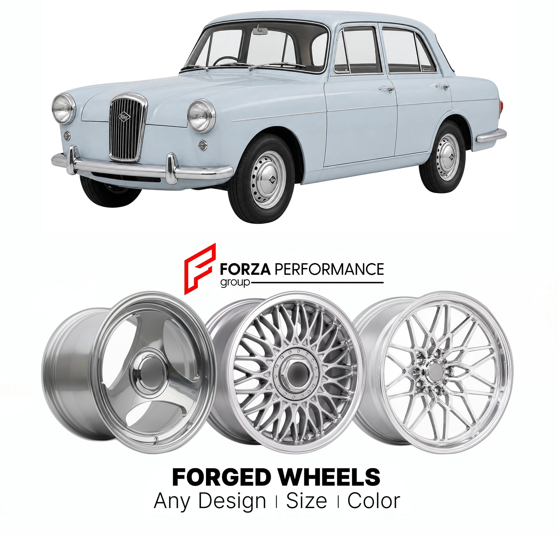 CUSTOM CLASSIC VINTAGE RESTOMOD RETRO OLD SCHOOL FORGED WHEELS RIMS for RILEY ONE-POINT-FIVE ADO27 1957 - 1965

Custom forged wheels for Riley One-Point-Five ADO27 1957 - 1965. Classic, vintage, restomod wheel designs made to order in custom sizes, offsets, colors and finishes.

We manufacture premium quality forged wheels rims for Riley One-Point-Five ADO27 1957 - 1965 in any design, size, color.

THIS WHEEL DESIGN CAN BE CUSTOM-MADE FOR YOUR CAR IN ANY SIZE AND COLOR OPTIONS
Available in monoblock, 2-piec