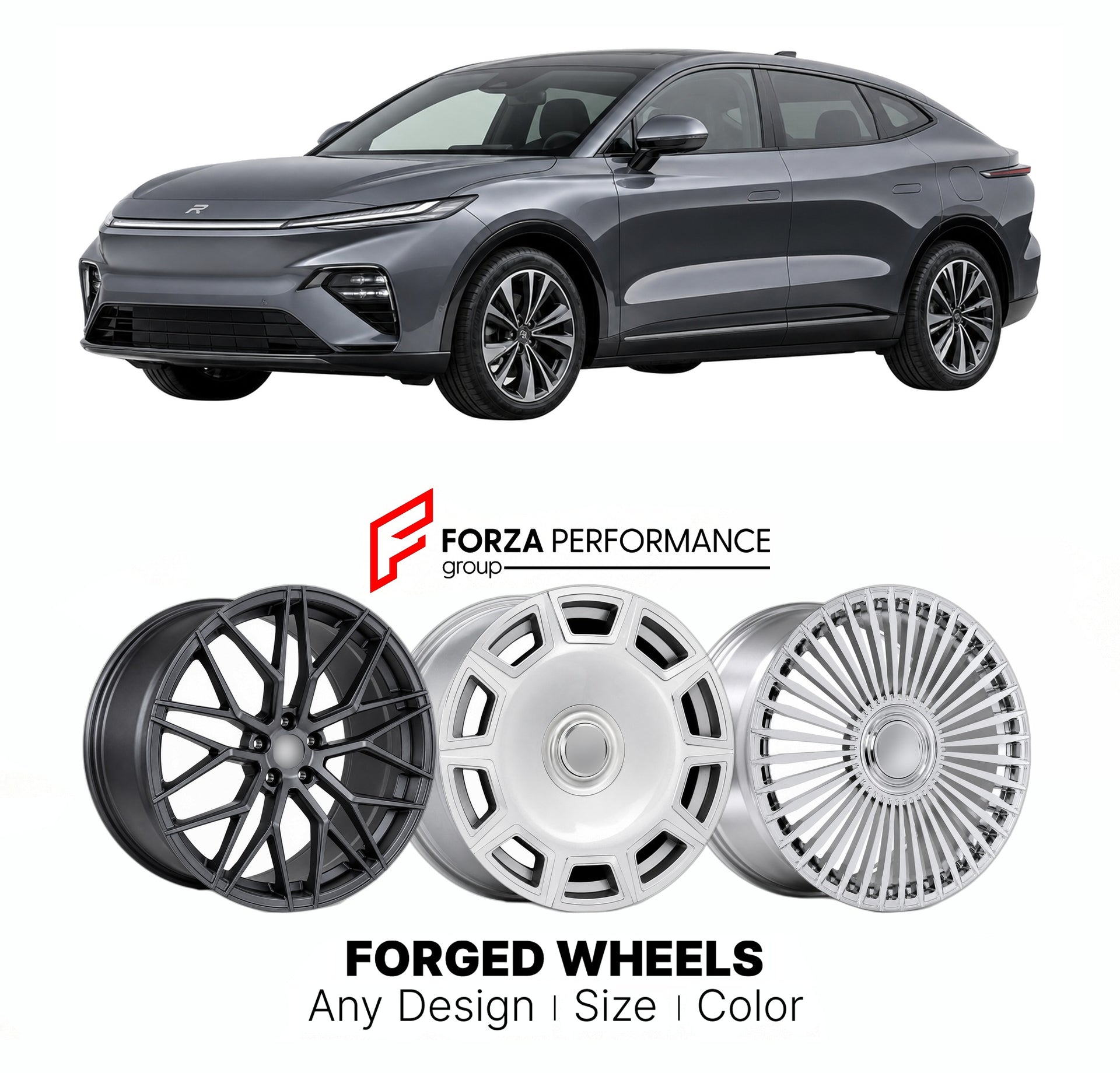 Custom forged wheels for Rising Auto SAIC F7 2023+. Made-to-order monoblock, 2-piece and 3-piece wheels in custom sizes, offsets, colors and finishes with guaranteed vehicle fitment.

We manufacture premium quality forged wheels rims for Rising Auto SAIC F7 2023+ in any design, size, color.

THIS WHEEL DESIGN CAN BE CUSTOM-MADE FOR YOUR CAR IN ANY SIZE AND COLOR OPTIONS
Available in monoblock, 2-piece, 3-piece, duoblock, beadlock
3D wheel renderings are provided according to the exact dimensions and specifi