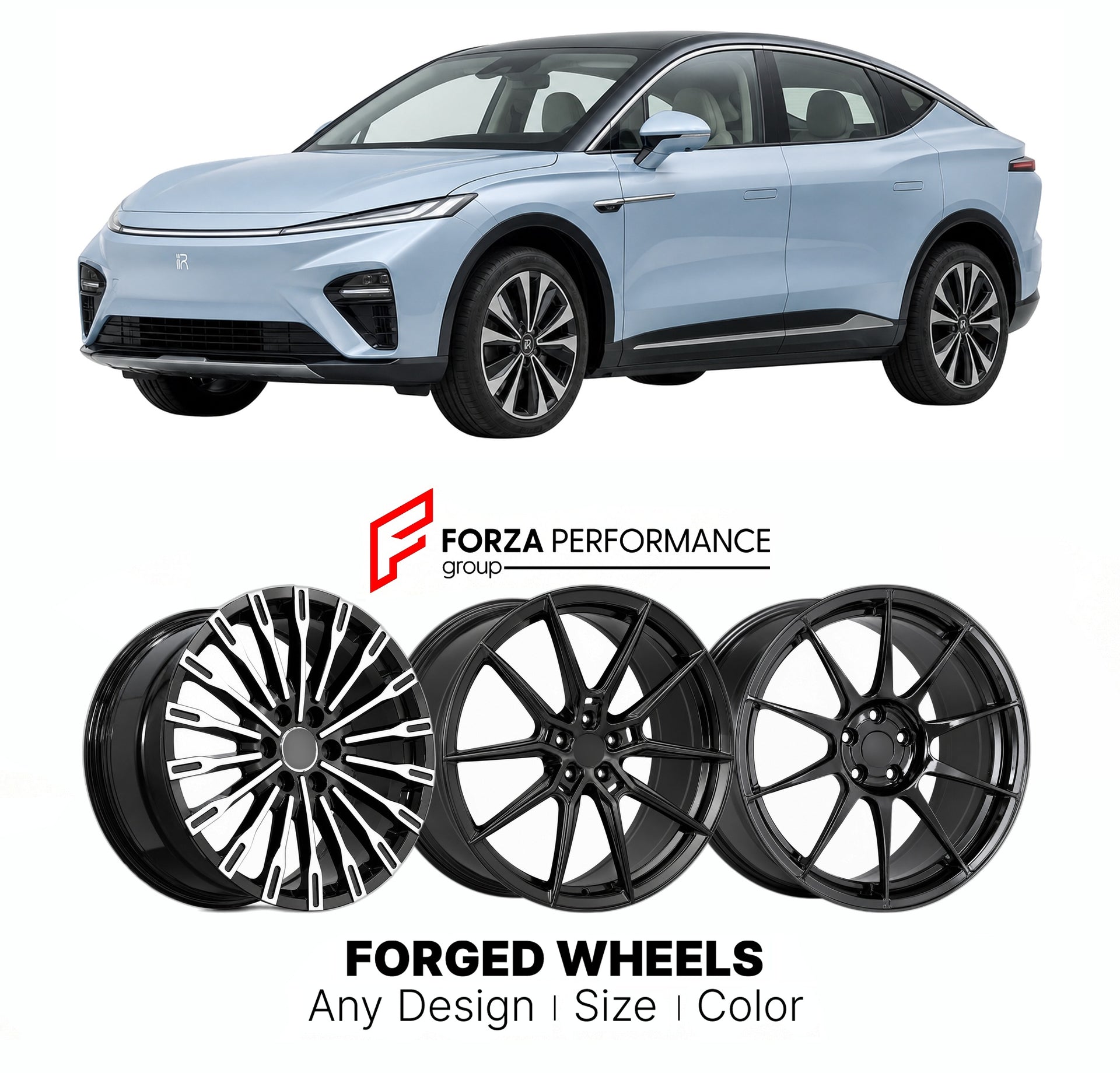 Custom forged wheels for Rising Auto SAIC R7 2022+. Made-to-order monoblock, 2-piece and 3-piece wheels in custom sizes, offsets, colors and finishes with guaranteed vehicle fitment.

We manufacture premium quality forged wheels rims for Rising Auto SAIC R7 2022+ in any design, size, color.

THIS WHEEL DESIGN CAN BE CUSTOM-MADE FOR YOUR CAR IN ANY SIZE AND COLOR OPTIONS
Available in monoblock, 2-piece, 3-piece, duoblock, beadlock
3D wheel renderings are provided according to the exact dimensions and specifi
