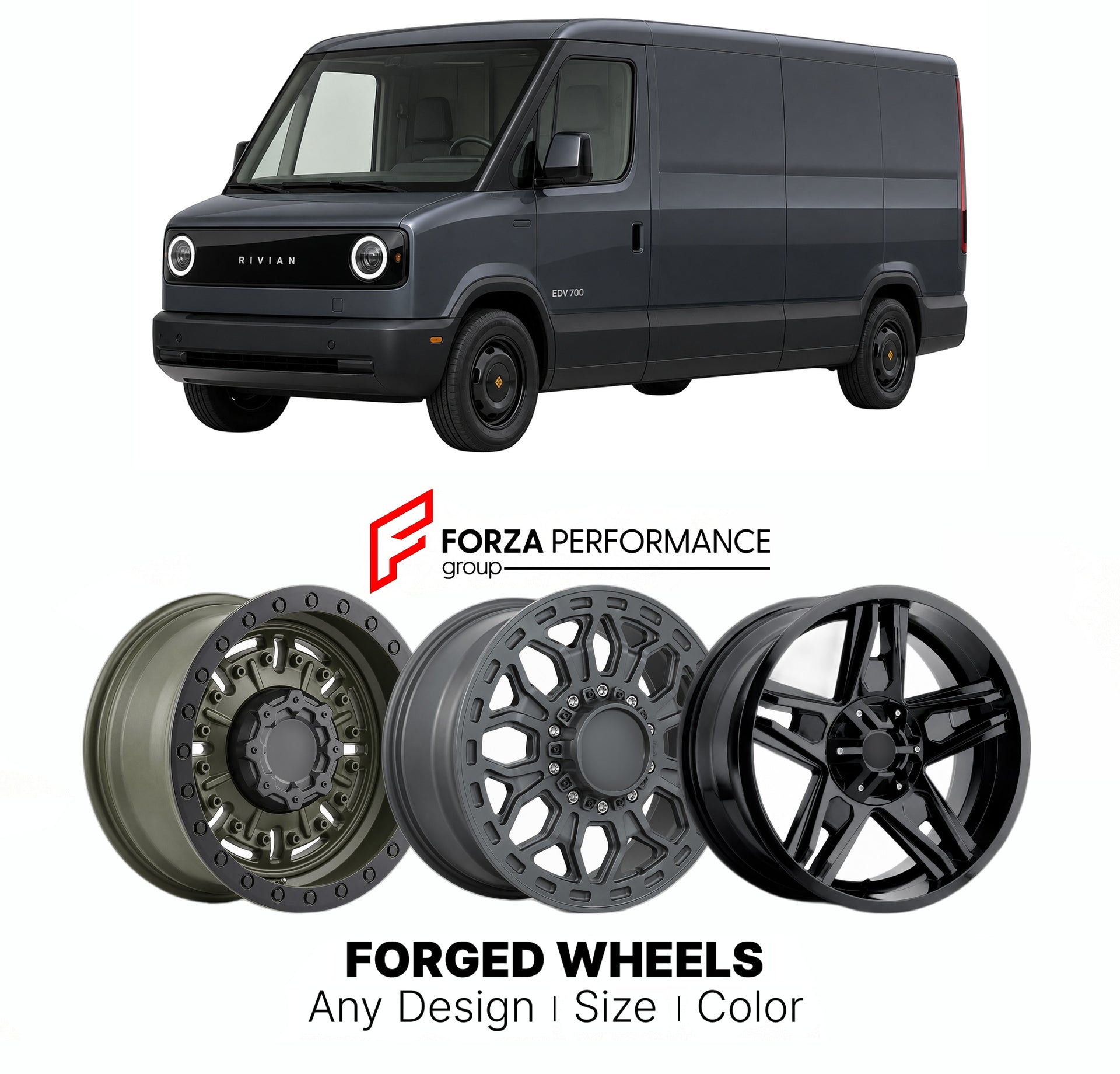 FORGED WHEELS RIMS for RIVIAN EDV 700 2022 - 2024

Custom forged wheels for Rivian EDV 700 2022 - 2024. Made-to-order monoblock, 2-piece and 3-piece rims in custom sizes, offsets, colors and finishes with guaranteed fitment.

We manufacture premium quality forged wheels rims for Rivian EDV 700 2022 - 2024 in any design, size, color.

THIS WHEEL DESIGN CAN BE CUSTOM-MADE FOR YOUR CAR IN ANY SIZE AND COLOR OPTIONS
Available in monoblock, 2-piece, 3-piece, duoblock, beadlock
3D wheel renderings are provided ac