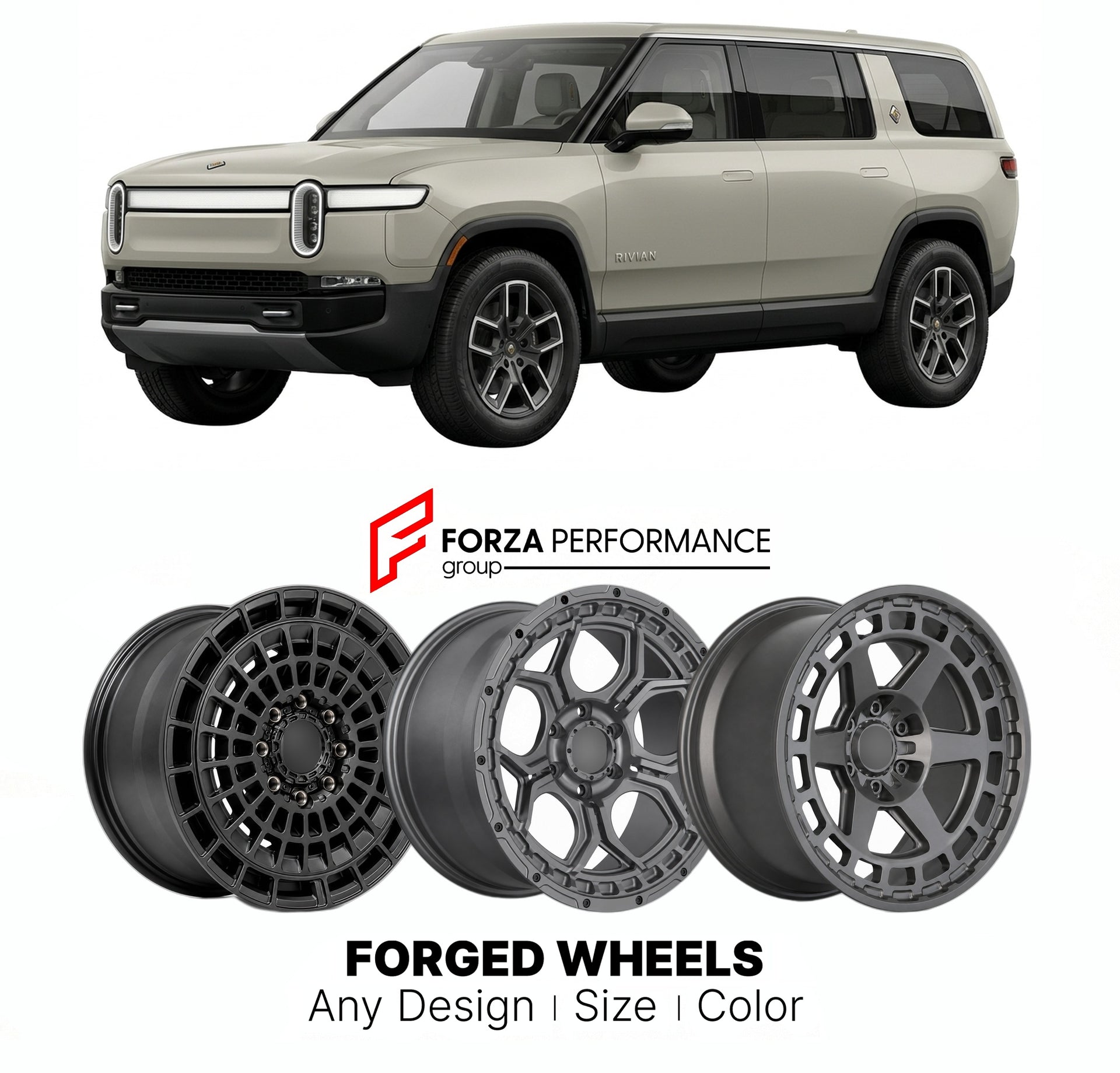 FORGED WHEELS RIMS for RIVIAN R1S 2022 - 2024

Custom forged wheels for Rivian R1S 2022 - 2024. Made-to-order monoblock, 2-piece and 3-piece rims in custom sizes, offsets, colors and finishes with guaranteed fitment.

We manufacture premium quality forged wheels rims for Rivian R1S 2022 - 2024 in any design, size, color.

THIS WHEEL DESIGN CAN BE CUSTOM-MADE FOR YOUR CAR IN ANY SIZE AND COLOR OPTIONS
Available in monoblock, 2-piece, 3-piece, duoblock, beadlock
3D wheel renderings are provided according to t