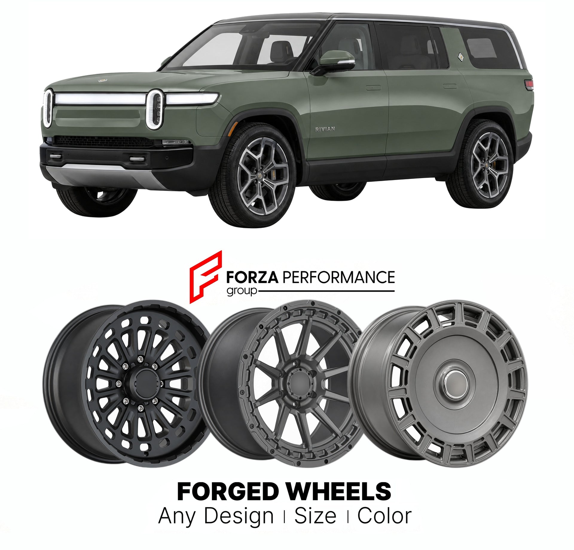 FORGED WHEELS RIMS for RIVIAN R1S 2022+

Custom forged wheels for Rivian R1S 2022+. Made-to-order monoblock, 2-piece and 3-piece rims in custom sizes, offsets, colors and finishes with guaranteed fitment.

We manufacture premium quality forged wheels rims for Rivian R1S 2022+ in any design, size, color.

THIS WHEEL DESIGN CAN BE CUSTOM-MADE FOR YOUR CAR IN ANY SIZE AND COLOR OPTIONS
Available in monoblock, 2-piece, 3-piece, duoblock, beadlock
3D wheel renderings are provided according to the exact dimension