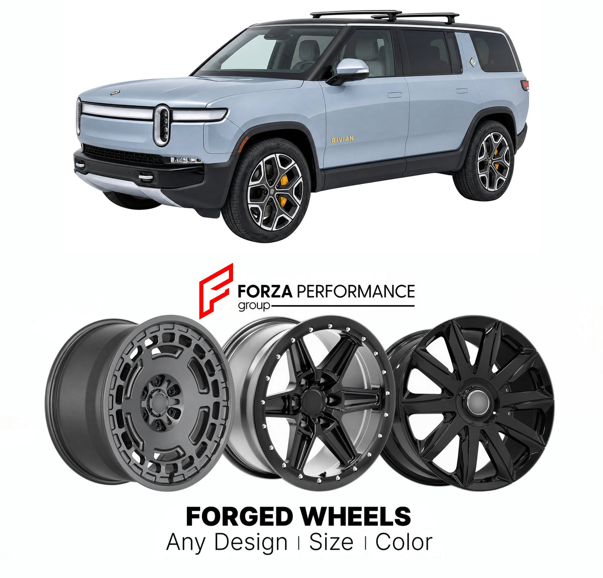 FORGED WHEELS RIMS for RIVIAN R1S GEN I 2022 - 2024

Custom forged wheels for Rivian R1S Gen I 2022 - 2024. Made-to-order monoblock, 2-piece and 3-piece rims in custom sizes, offsets, colors and finishes with guaranteed fitment.

We manufacture premium quality forged wheels rims for Rivian R1S Gen I 2022 - 2024 in any design, size, color.

THIS WHEEL DESIGN CAN BE CUSTOM-MADE FOR YOUR CAR IN ANY SIZE AND COLOR OPTIONS
Available in monoblock, 2-piece, 3-piece, duoblock, beadlock
3D wheel renderings are provi