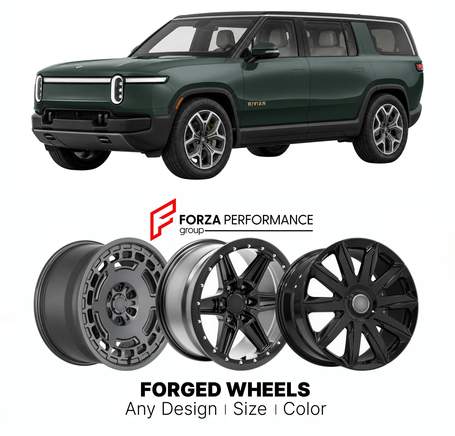 FORGED WHEELS RIMS for RIVIAN R1S 2025+

Custom forged wheels for Rivian R1S 2025+. Made-to-order monoblock, 2-piece and 3-piece rims in custom sizes, offsets, colors and finishes with guaranteed fitment.

We manufacture premium quality forged wheels rims for Rivian R1S 2025+ in any design, size, color.

THIS WHEEL DESIGN CAN BE CUSTOM-MADE FOR YOUR CAR IN ANY SIZE AND COLOR OPTIONS
Available in monoblock, 2-piece, 3-piece, duoblock, beadlock
3D wheel renderings are provided according to the exact dimension