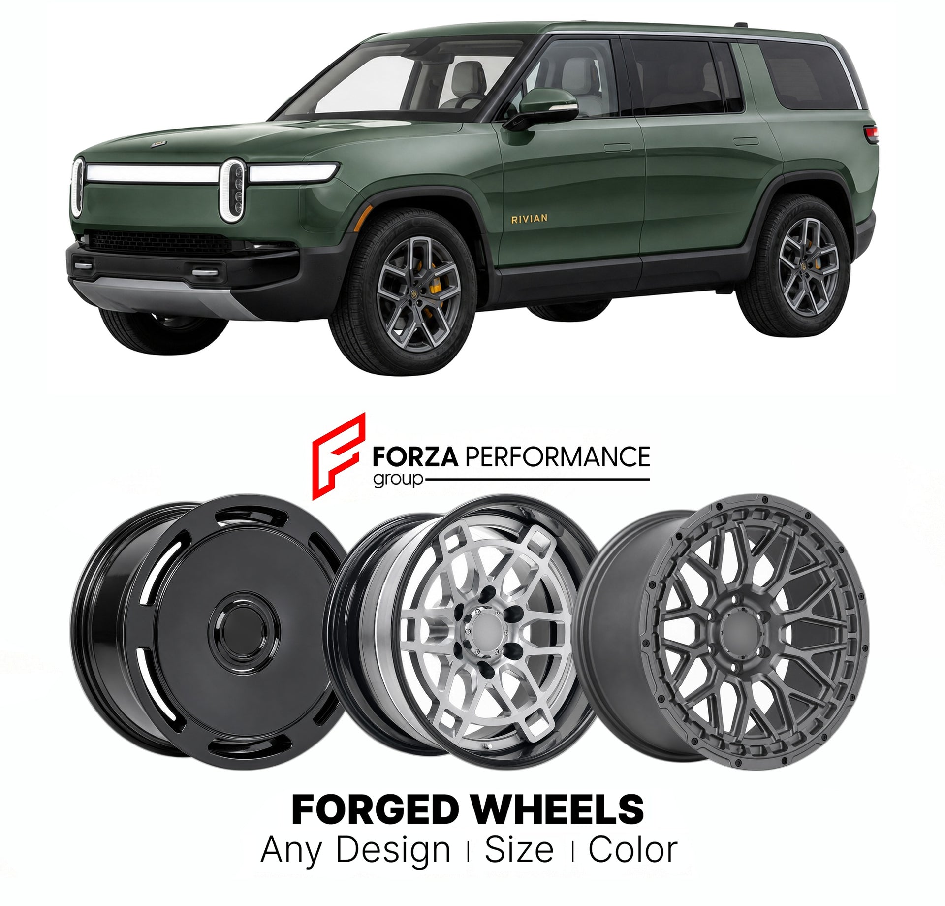 FORGED WHEELS RIMS for RIVIAN R1S ADVENTURE 2022 - 2024

Custom forged wheels for Rivian R1S Adventure 2022 - 2024. Made-to-order monoblock, 2-piece and 3-piece rims in custom sizes, offsets, colors and finishes with guaranteed fitment.

We manufacture premium quality forged wheels rims for Rivian R1S Adventure 2022 - 2024 in any design, size, color.

THIS WHEEL DESIGN CAN BE CUSTOM-MADE FOR YOUR CAR IN ANY SIZE AND COLOR OPTIONS
Available in monoblock, 2-piece, 3-piece, duoblock, beadlock
3D wheel renderin