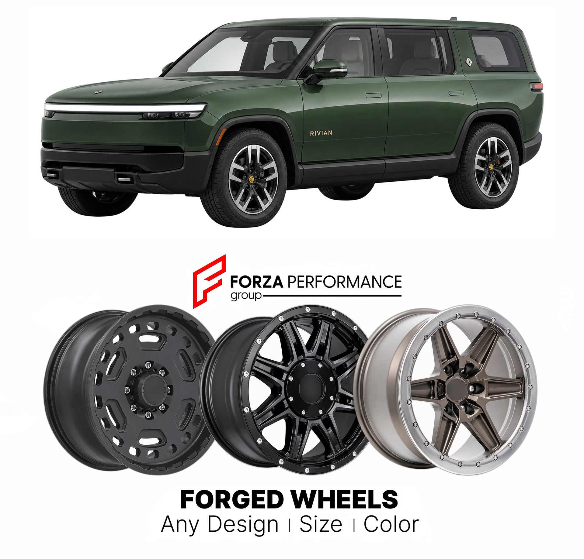 FORGED WHEELS RIMS for RIVIAN R1S DUAL-MOTOR 2022+

Custom forged wheels for Rivian R1S Dual-Motor 2022+. Made-to-order monoblock, 2-piece and 3-piece rims in custom sizes, offsets, colors and finishes with guaranteed fitment.

We manufacture premium quality forged wheels rims for Rivian R1S Dual-Motor 2022+ in any design, size, color.

THIS WHEEL DESIGN CAN BE CUSTOM-MADE FOR YOUR CAR IN ANY SIZE AND COLOR OPTIONS
Available in monoblock, 2-piece, 3-piece, duoblock, beadlock
3D wheel renderings are provided