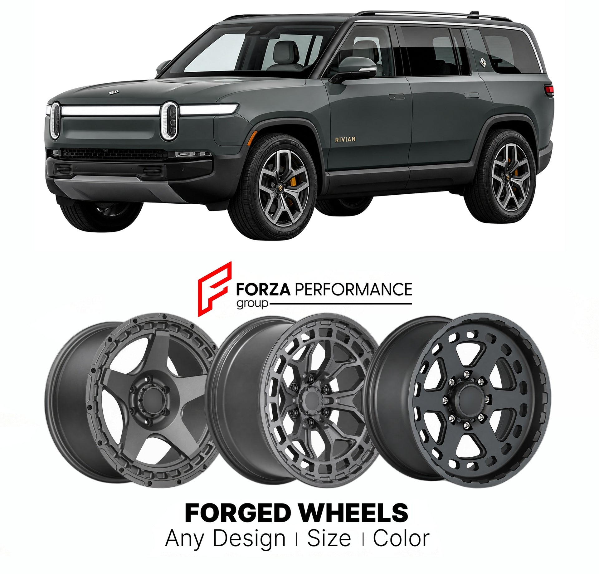 FORGED WHEELS RIMS for RIVIAN R1S PERFORMANCE DUAL-MOTOR 2022+

Custom forged wheels for Rivian R1S Performance Dual-Motor 2022+. Made-to-order monoblock, 2-piece and 3-piece rims in custom sizes, offsets, colors and finishes with guaranteed fitment.

We manufacture premium quality forged wheels rims for Rivian R1S Performance Dual-Motor 2022+ in any design, size, color.

THIS WHEEL DESIGN CAN BE CUSTOM-MADE FOR YOUR CAR IN ANY SIZE AND COLOR OPTIONS
Available in monoblock, 2-piece, 3-piece, duoblock, beadl
